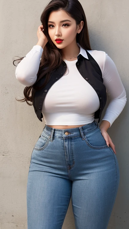 (8K, best quality, masterpiece, Golden Ratio Composition,:1.3), (40-year-old plump woman), (Obese body), (Thick thighs), (Smooth long legs), (Wearing a gray T-shirt:1.2), (Huge breasts), (Big thick legs), (Short jeans), Soft face line, Gentle and beautiful, (Silver short hair),