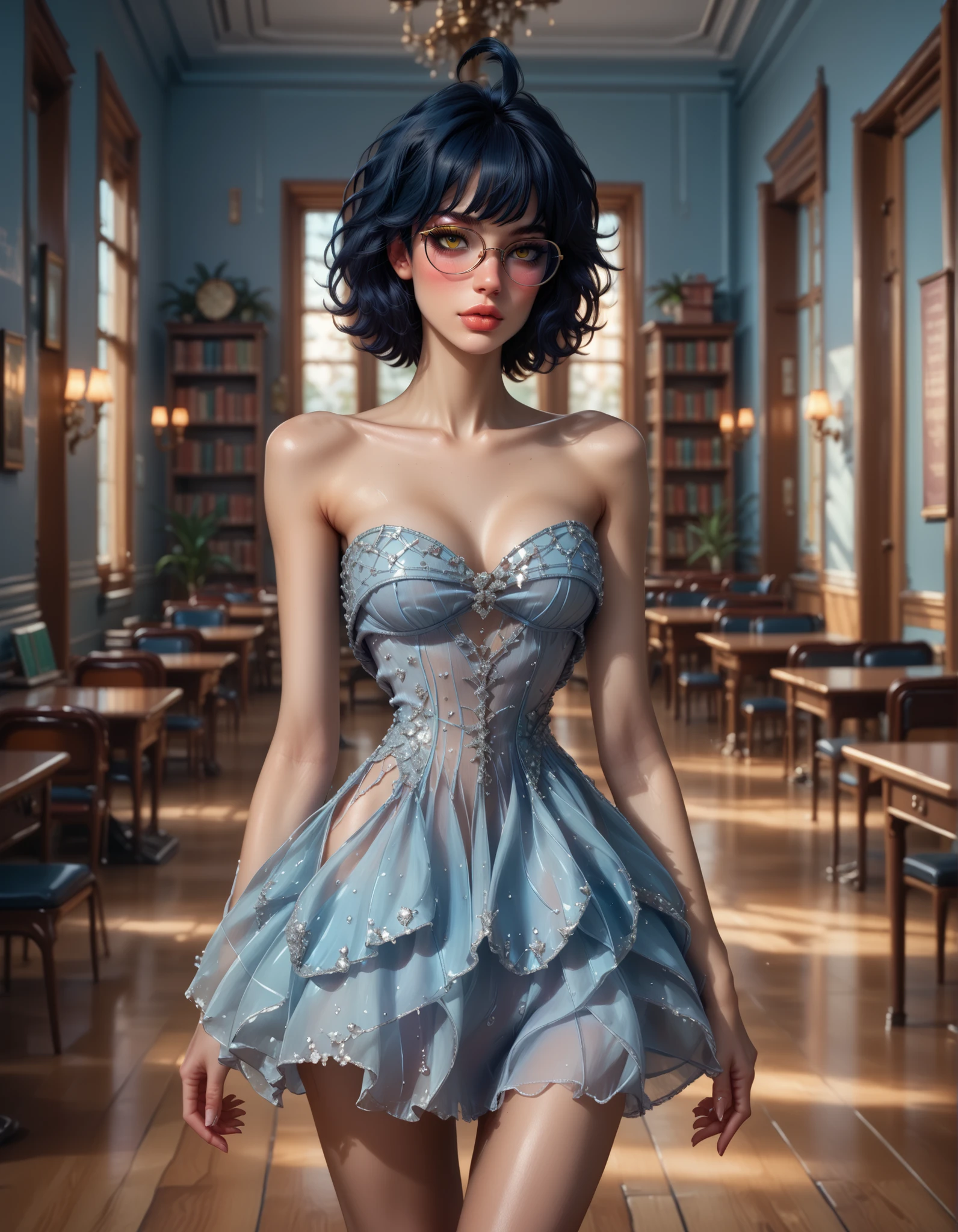 score_9, score_8_up, score_7_up, score_6_up, high resolution, ultradetailed, high detailed picture, look at you, blush, thin and elegant hands, neat palms, perfect hands, neat feet, eyelashes, fit skinny girl, long legs, full body shot, sexy revealing dress, strapless dress, short dress, blue dress, view breast, night school library interior, zhenya_es, dark blue hair, short hair, ahoge, yellow eyes, glasses, disheveled hair, 1girl, solo, small breast, bimbofusion artstyle