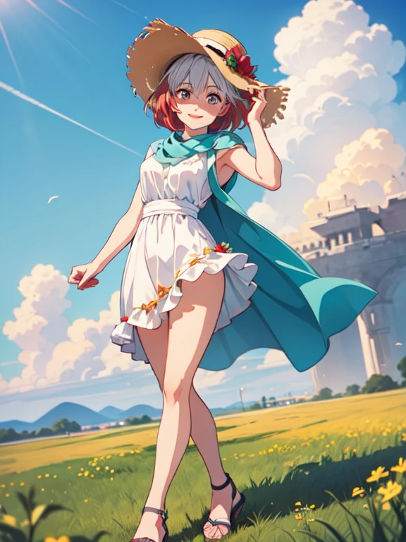 masutepiece, Solo, Highly detailed, Ultra-detailed, 超A high resolution, (Best Quality), (Best Shadow),Detailed, Perfect Lighting, 1girl in, Solo Focus,1girl,PascalTales,multicolored hair,short hair,white hair,red hair,two-tone hair,brown eyes,Defined lines,makeup, Beautiful face, gorgeous eyes,smile,white eyebrows,wearing a straw hat,wearing a white dress,holding the hat in hand,holding his crotch with his hand,My hair and clothes are swaying in the wind,The background is grassland,blue sky,girl is wearing white sandals,,,