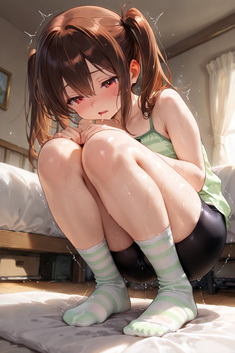 (magazine cover)、An illustration、(One Asian boyish girl)、(cute:1.2)、Very beautiful 14 year old girl manga、embarrassed look、cheeks are red、(high detail skin: 1.2)、Photorealistic anime girl rendering、Realistic anime 3D style、cuteボブカット、beautiful brown hair、intense black eyes、strong eye highlights、(Medium chest)、perfect anatomy、(sweaty)、Pale pink underwear、((wet with water))、thighs are open、head tilt、arms behind、volume lighting、soft light、bright、neon、bright色、watercolor painting、sit on the bed、Glossy underwear、Camel claws、tight underwear、hair band
