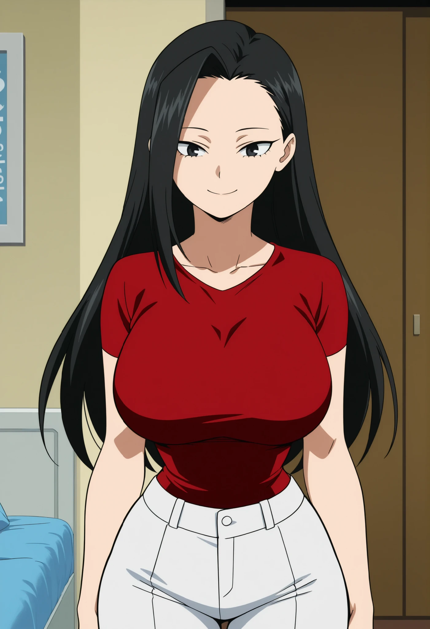 score_9, score_8_up, score_7_up, score_6_up, score_5_up, score_4_up,beautiful girl,source_anime,,Momo yaoyorozu,Long black hair lying hair down,black eyes,beautiful anime girl,big breasts Very narrow waist and hips,wearing a Black cropped T-shirt, white pants, standing in the home, smiling.