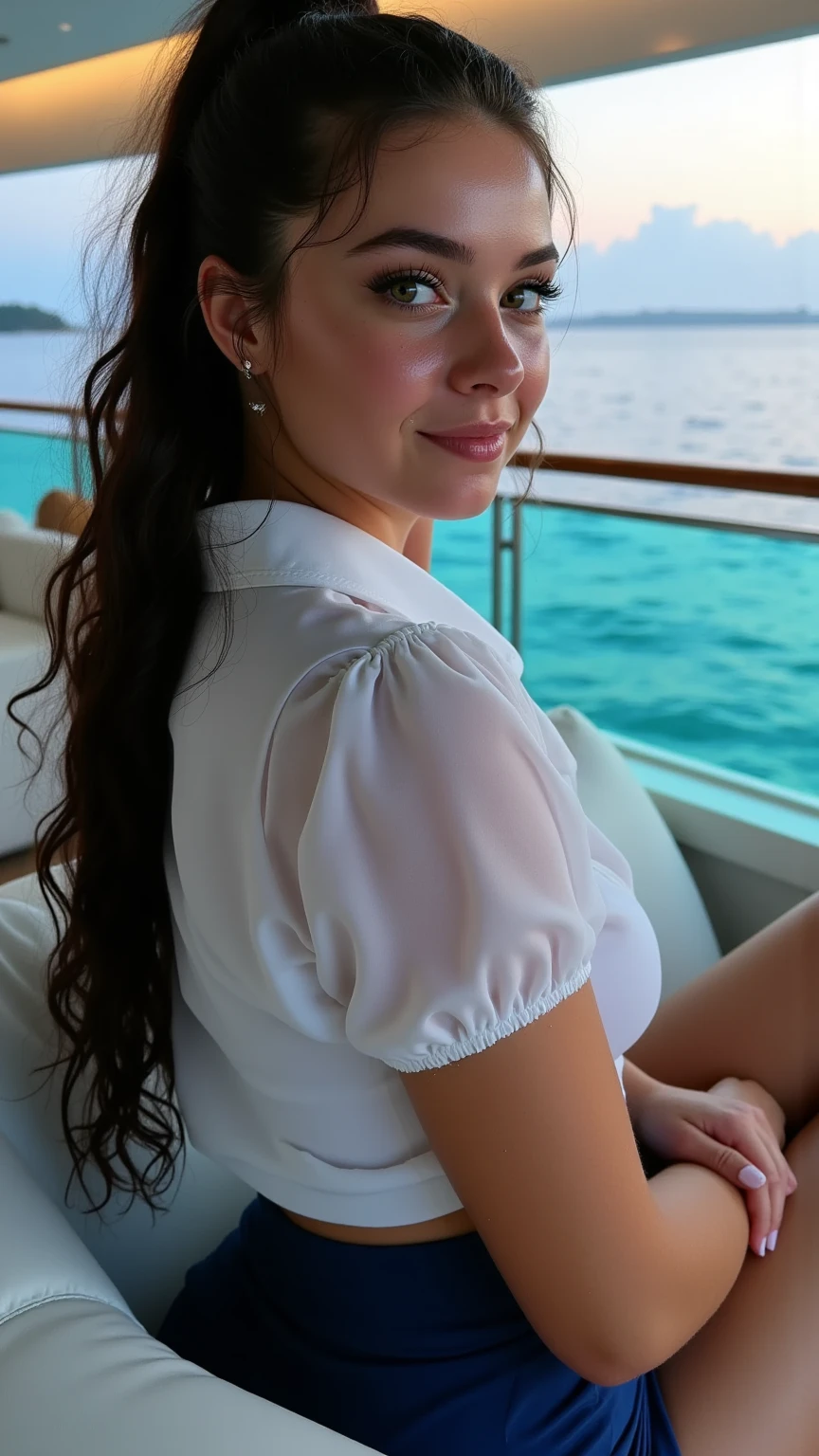 (((she is seductively on a plush couch, she enjoys a serene view of the yacht port unfolding before her. The couch, likely positioned near a large window or on a balcony, offers a cozy spot to relax and take in the picturesque scene outside. The view from her vantage point includes a marina filled with sleek yachts, each one gleaming in the sunlight or softly illuminated in the evening. The water ripples gently, reflecting the colors of the sky and adding a sense of tranquility to the atmosphere))), she is looking at the camera smiling, (((dynamic pose))), (((she is wearing a off-shoulder floral print women mesh mini dress ruched sexy bodycon)))