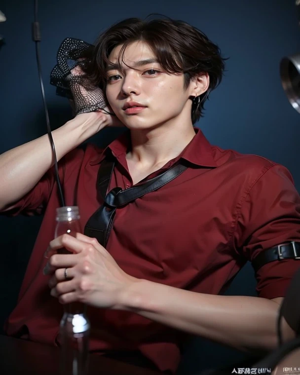outdoor, Black mature male, Wearing a black and red floral shirt, Wearing black dress pants, blue eyes, Glowing eyes, short hair, Gray skin, Club environment, night, Blue neon light, 8K, Unreal Engine, Very detailed, Reality,