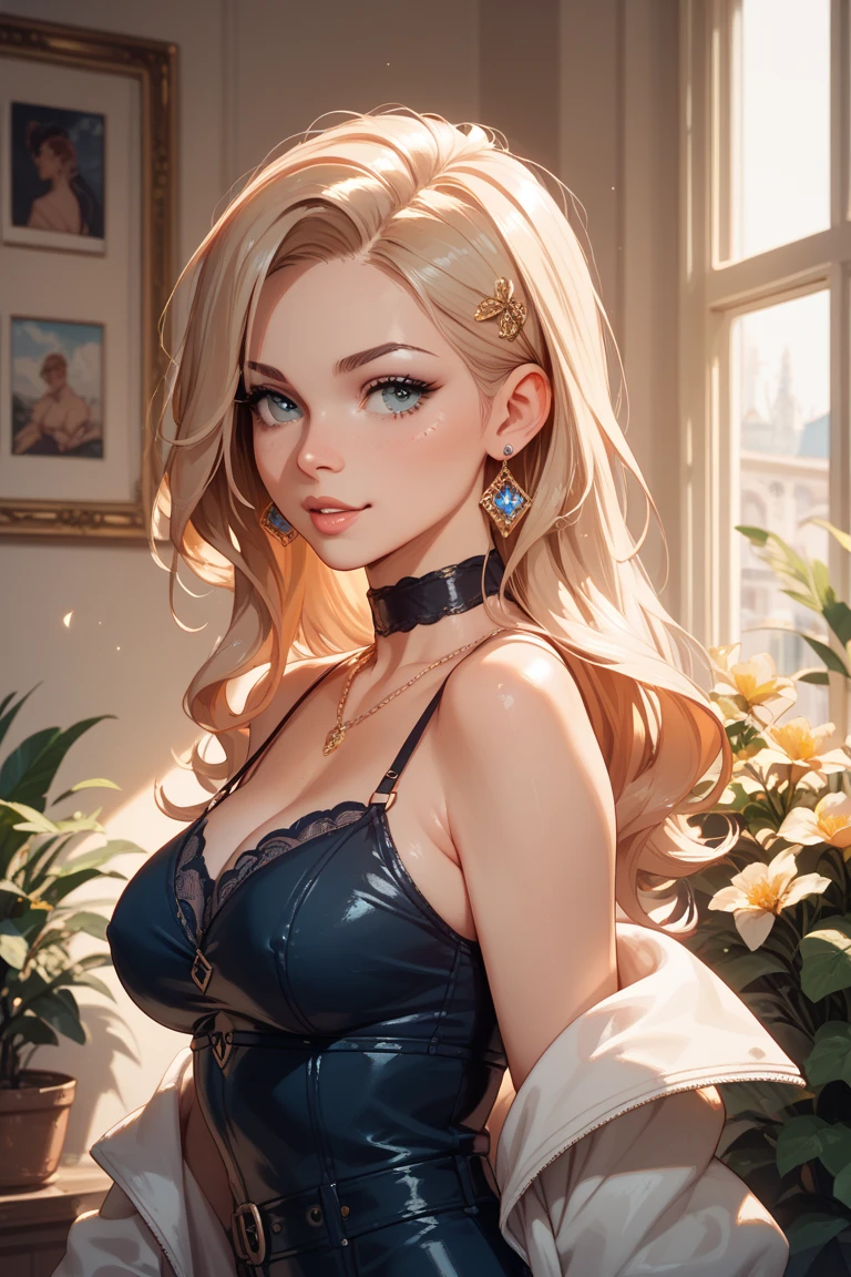 Masterpiece, raw, beautiful art, professional artist, 8k, art style by sciamano240, very detailed face, very detailed hair, perfectly drawn body, beautiful face, long light blonde hair , hair tide up, very detailed blue eyes , rosey cheeks, intricate details in eyes, joyful smile , relaxed expression, lipstick, very close up on face, warm light, evening, living room setting, on the cover of a fashion magazine, modeling shot, wearing leather dress, elbow gloves,
