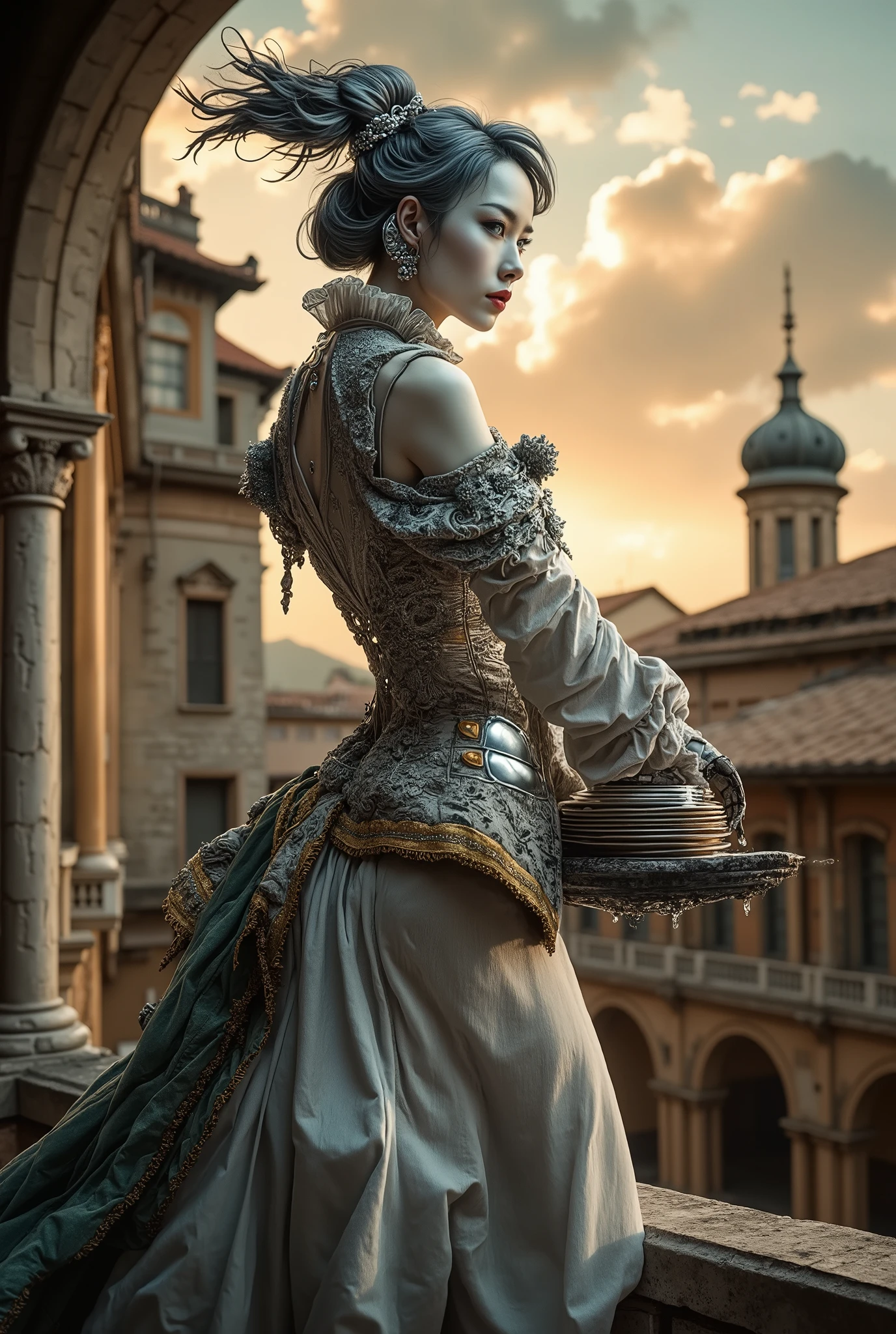 (masterpiece), (hyperrealistic), (8 k, super sharp), (cinematic lighting), (photographic depth of field), ((futuristic humanoid robot waitress), smooth silver and chrome limbs, open joints, glowing blue eyes, elegant pose in an exquisite Renaissance outfit, intricate ruffled collar.. an embroidered velvet doublet, silk stockings , ornate cloak with gold trim, , standing on a stone balcony overlooking the flooded Renaissance courtyard by the sun, with a tray of dirty plates, warm golden midday light, majestic facial expression, (baroque painting style), (— a combination of science fiction and historical aesthetics), full-length by Hasselblad HASSELBLAD 6D, gently shining emphasizes, thin fabric textures, baroque, cyberpunk fur jacket, futurisme, cinematography