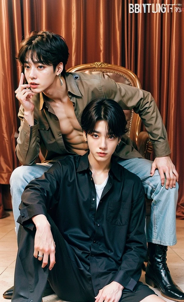a handsome korean man with long hair, clean face, tattoo on right arm, observing a house project, detailed portrait, cinematic lighting, photorealistic, 8k, high quality, hyperrealistic, realistic skin texture, extremely detailed, masterpiece, award winning digital art
