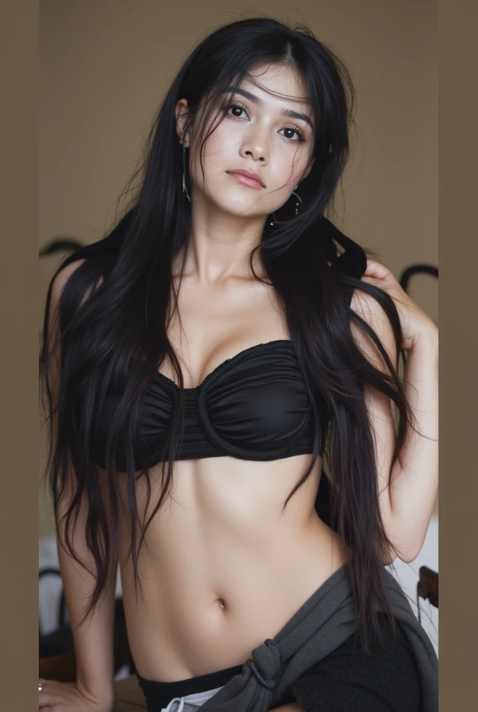 ((Best quality)), ((masterpiece)), (detailed), ((perfect face)), ((half of the body)) perfect proportions, She is a beautiful girl, She is 20, she has long black hair, She has wavy hair, she&#39;s voluptuous, She has large breasts, she&#39;s sensual, she has gothic makeup, she has red lips, she wears black gothic clothes and tight pants, she poses sensually, She wears gothic clothes, she is the bedroom ((perfect face))