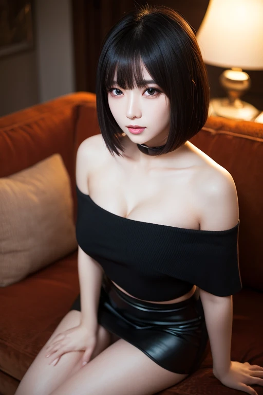 超高分辨率, tmasterpiece, Best quality at best ,Perfect radiant skin, perfect litthing, dramatic shadow, Detailed lighting, Ray traching, 1个Giant Breast Girl,The upper part of the body, Black sweater, looking at viewert, cropped shoulders, Large breasts, Exposed cleavage, eBlue eyes, sharpy face, sharp vision, cyber punk perssonage, with long bangs, short detailed hair, natural big boobs, Soaked, NSFW, in the darkness nigth, deep shading,