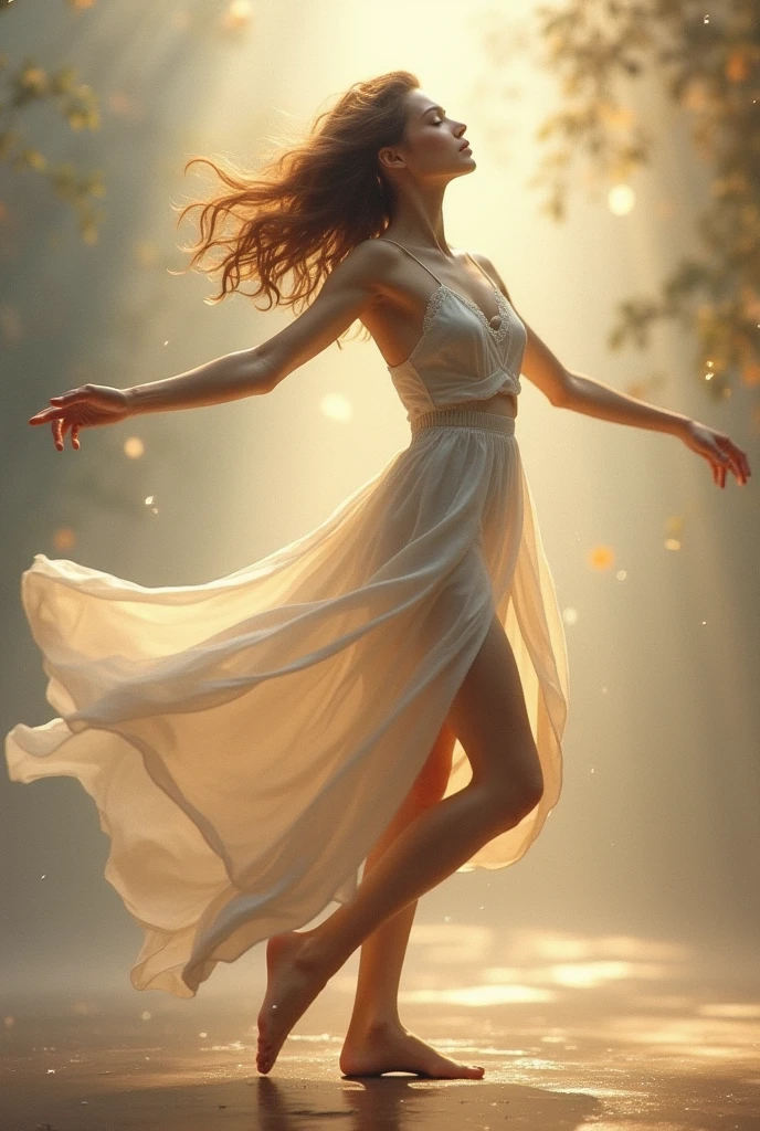 ballet dance pose, Dancing in the Rain, rainning, masterpiece, best quality, 1girl, solo, delicate face, white-skinned female, see-through silhouette, white dress, full body,outdoor,dark,grasses and flowers,blur background,background defocus