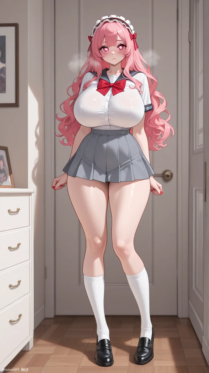 Full body girl, pregnant, huge belly, huge breasts, yellow eyes, glasses, shy, earrings, hair ribbon, long hair, side ponytail, pink hair, tsundere, embarrassed, pout, visible belly, hands on belly, very thight clothes, gloves, high heels, office uniform, unbuttoned shirt, best quality