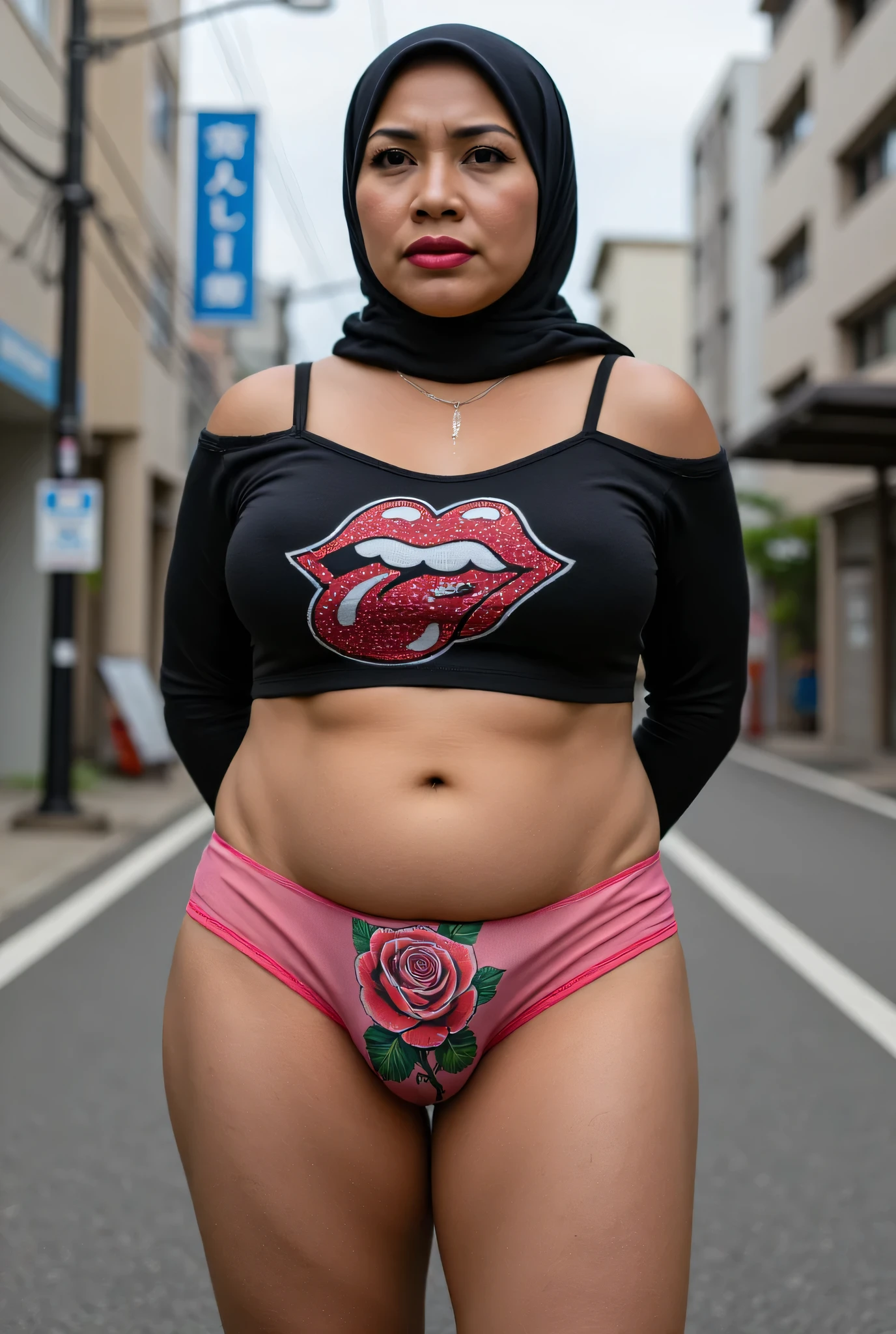 High Quality HD Photoshoot , Fat ssbbw, (((MALAY HIJAB GIRL))), ((please don't put anything rope in my clothes)), (realistic, photo-realistic:1.4), (1 FUTUNARI), big breast, wearing blue 'The Rolling stones brand logo' print cropped singlet and transparent pink panties . hand on hips, ((HEAVY NIPPLES)), ((TEARS)). KEDUA BELAH TANGAN DILETAK DIBELAKANG PUNGGUNG' Futanari long erect penis, background Di tengah Kota Yang sepi Di negara jepun, (masterpiece, Best Quality), 8k,(((Very detailed))), TATU BUNGA ROS DIBAWAH PUSAT, PENIS SANGAT BESAR MENEGANG KE ATAS
