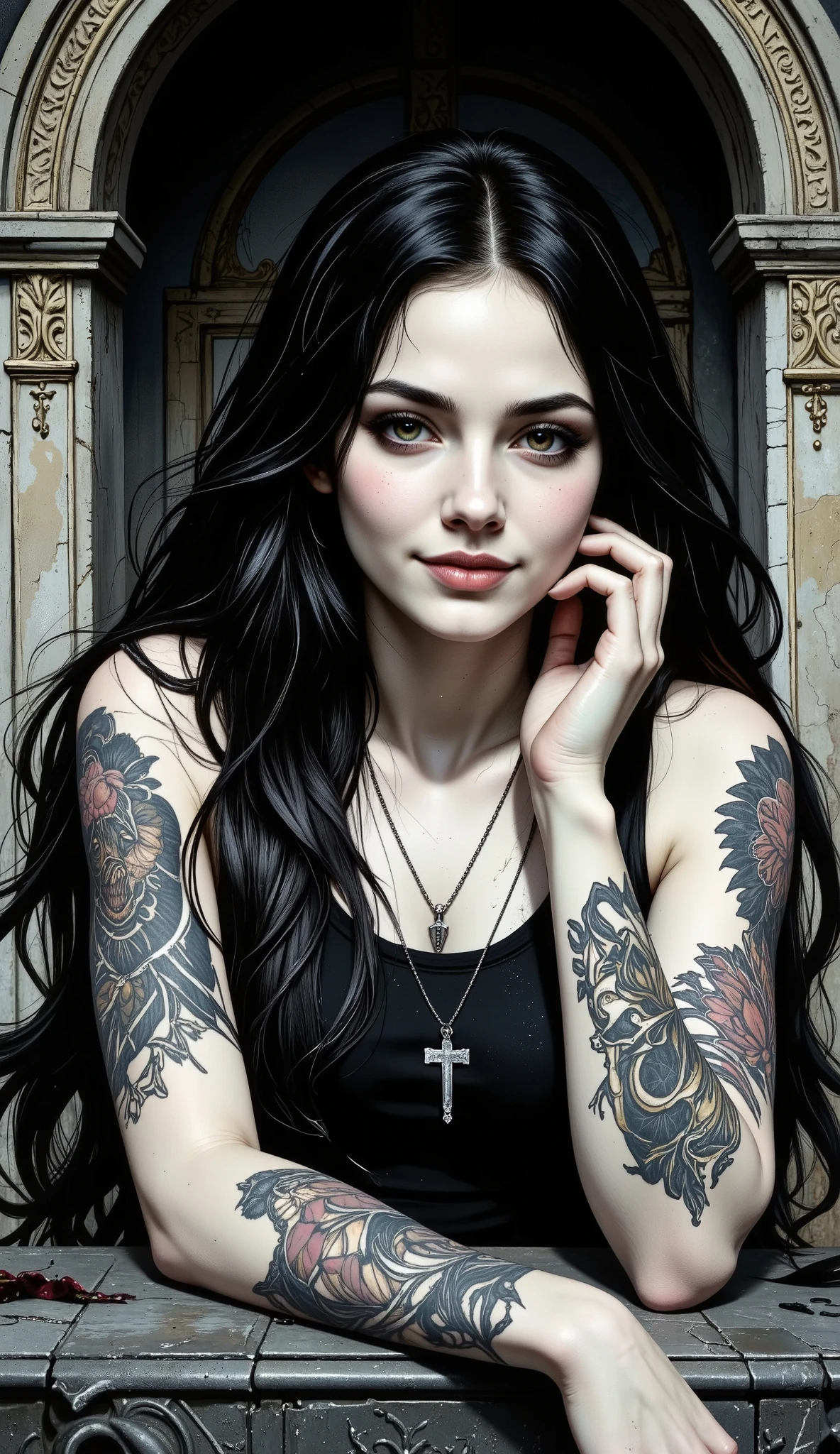  Done in a dark, trippy surreal style that is richly ornate and very detailed, a pale happy goth girl, she is Death, the reaper, the one who brings death as a mercy, as a dignity,smiling long dark hair that falls on her shoulders, black makeup, goth, both hands on her face as if holding it and resting her elbows on her knees, silver necklace with Ankh, artistic tattoos sitting on a mausoleum smiling impishly and waving  , detailed and beautiful portrait, cuerpo y rostro hermosos y detallados,  highly detailed portrait,  Detailed portrait of an anime girl , 🤤 portrait of a girl, nice detailed art, Detailed woman, extremely Detailed woman, Detailed illustration of portrait ,  Beautiful drawing style ,  extremely detailed portrait  ,  with long hair and piercing eyes , tattoo style