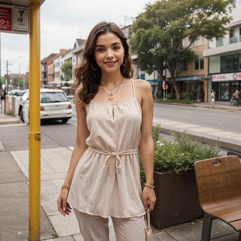 Dame mas imagenes de la mujer, en Gante, con gafas de sol, con vestido de escote, sonriendo