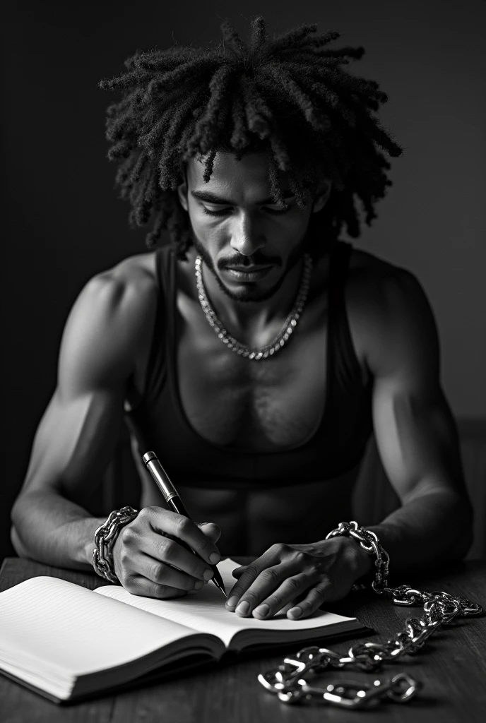 A man with curly hairs with wearing ring address with muscular body writing letter C alphabet on ground in a park he is famous for songs a singer