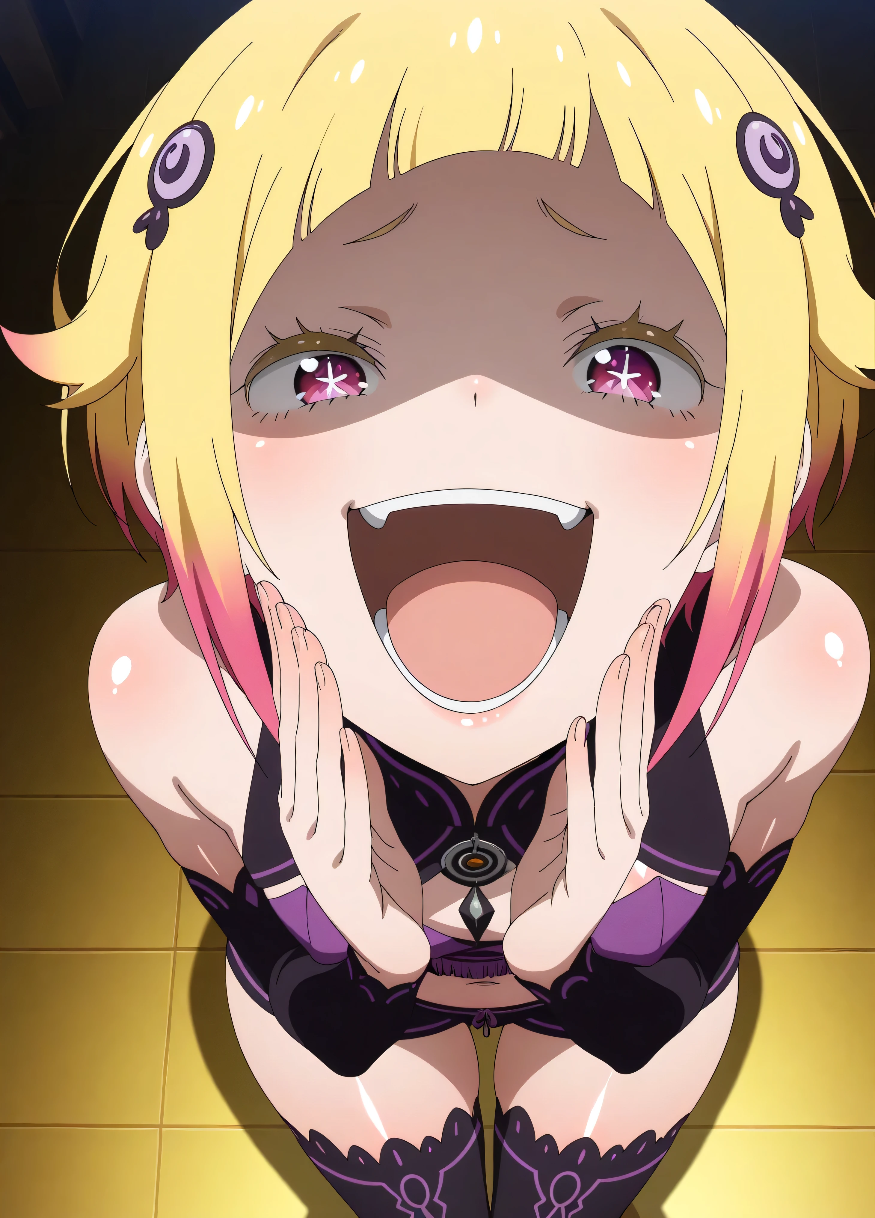 , Capella,re:zero
High quality , best quality , masterpiece, High Resolution , detailed face( LoRA: Capella),anatomically correct, detailed hairstyle( LoRA: Capella),anime Coloring
solo, 1 girl
,multicolored hair,blonde hair,short hair,pink eyes,(shiny skin:1.7),
, purple midriff,black shorts,black thighhighs,hair ornament,
, close-up, looking at viewer,from above, (laugh:1.9),Shaded face(eye in shadow)