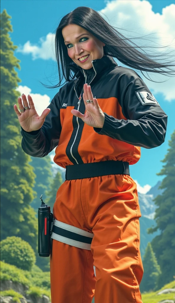 masterpiece, best quality, high resolution, fine detail, amazing and beautiful detail, different_images, 1 girl, moss green jacket black long sleeves, from below, black hair, white-purple eyes, ( big boobs),( big boobs) , (big boobs) , (lower chest), outer space, plants, black pants, symbol of konoha village, purplish-white eyes,