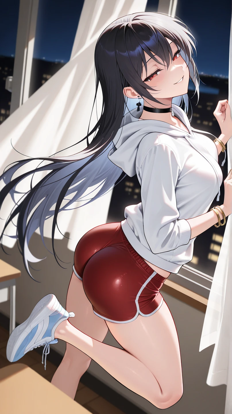 A good looking woman is defecating in the toilets. She is wearing a dark red suit over a white shirt with blue stripes. She has long dark brown hair. The scene is realistic: she is in pain, we can see fecal matter going out of her butt, she is sweating. Lots of realism and details