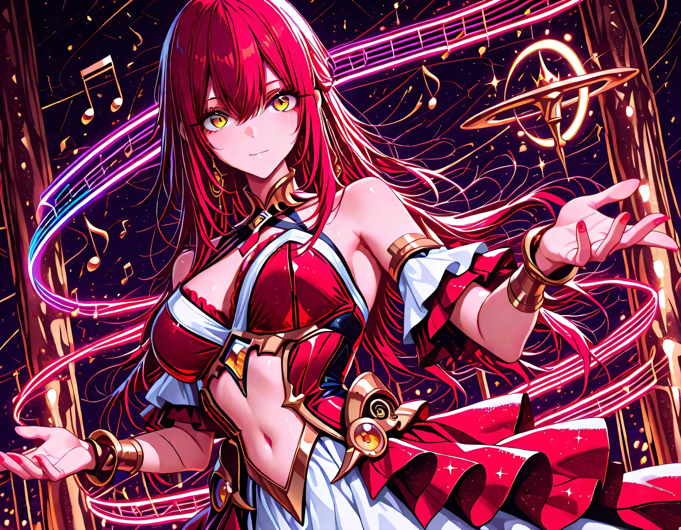 1 girl , golden eyes , very long hair , long sidelocks, red hair ,half updo, petite , very cute , beautiful ,Straight hair, cool, handsome, hair between eyes, sexy, medium breasts ,musical note, music, ultimate, sing, festival, kaleidoscope effect music notes, spotlight, navel, idol dress, white and red idol dress, rainbow music notes, spiral, spiral streak, spiral energie, spiral magic, music notes around body