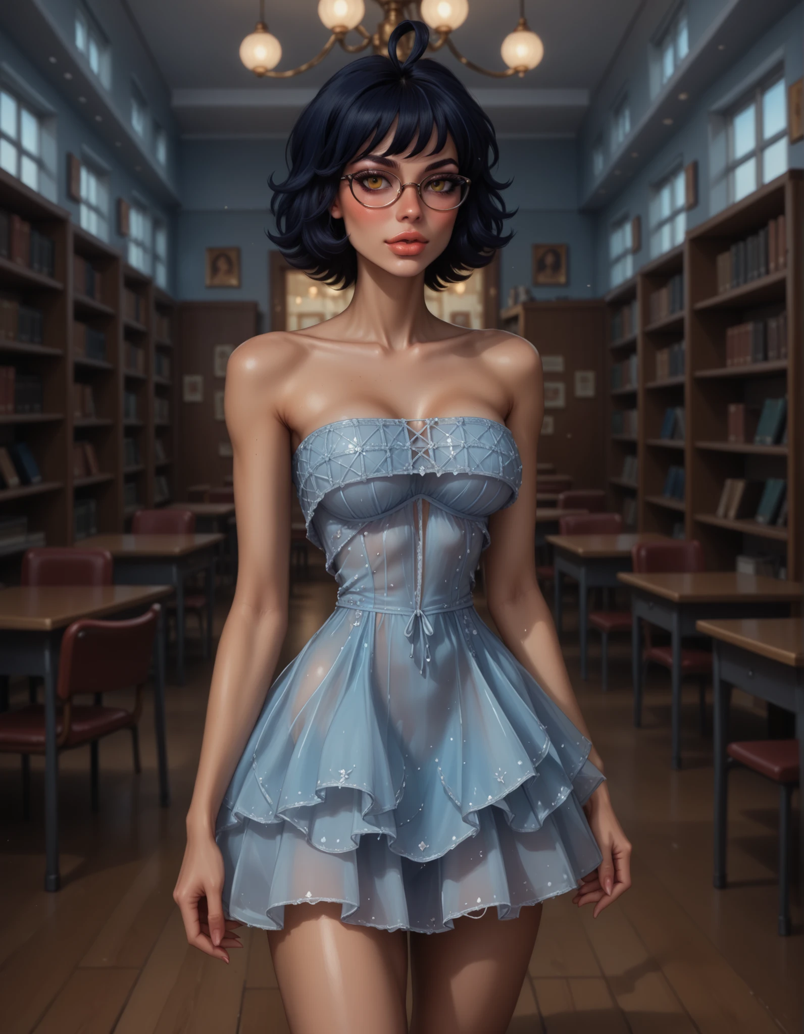 score_9, score_8_up, score_7_up, score_6_up, high resolution, ultradetailed, high detailed picture, look at you, blush, thin and elegant hands, neat palms, perfect hands, neat feet, eyelashes, fit skinny girl, long legs, full body shot, sexy revealing dress, strapless dress, short dress, blue dress, view breast, night school library interior, zhenya_es, dark blue hair, short hair, ahoge, yellow eyes, glasses, disheveled hair, 1girl, solo, small breast, bimbofusion artstyle