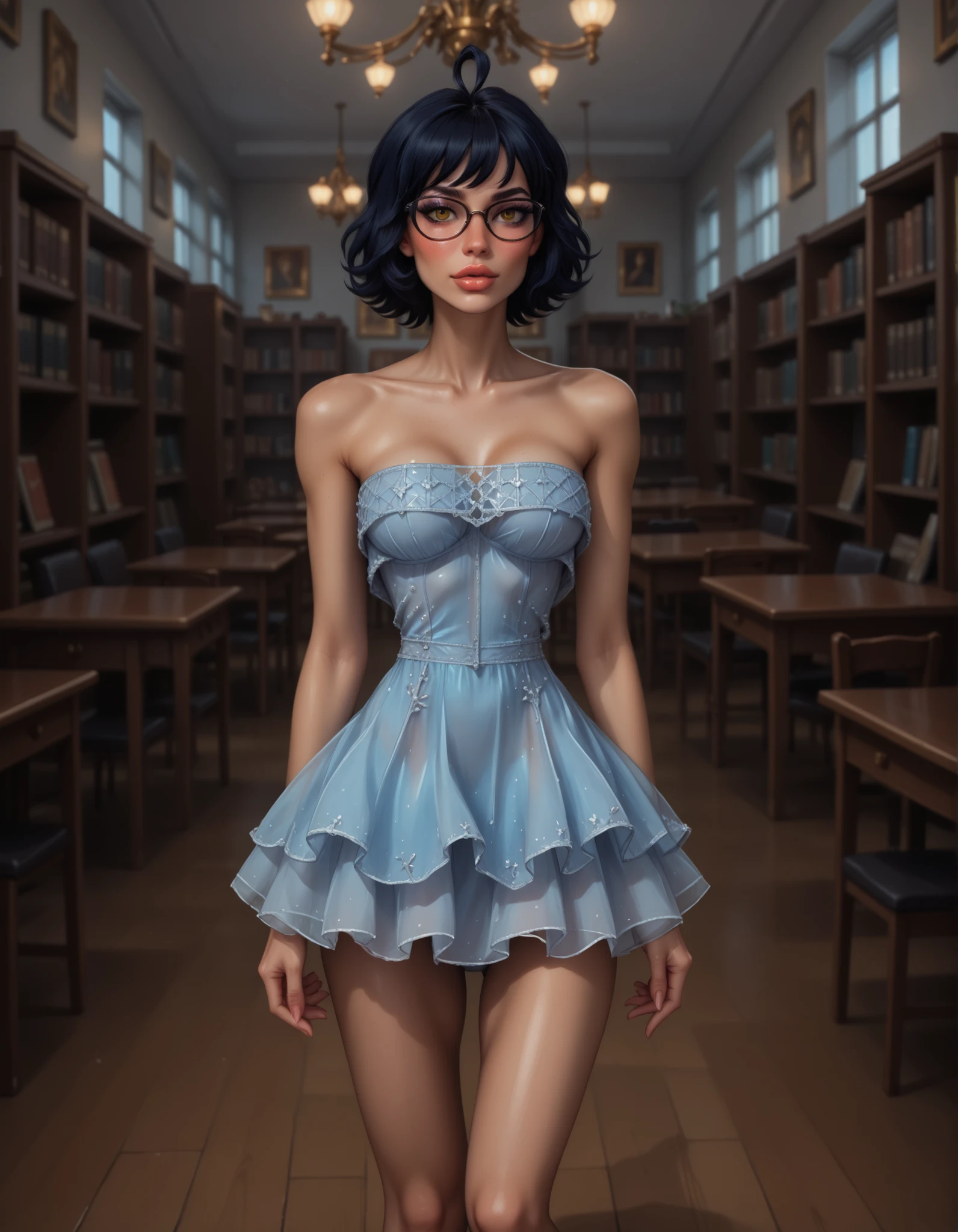score_9, score_8_up, score_7_up, score_6_up, high resolution, ultradetailed, high detailed picture, look at you, blush, thin and elegant hands, neat palms, perfect hands, neat feet, eyelashes, fit skinny girl, long legs, full body shot, sexy revealing dress, strapless dress, short dress, blue dress, view breast, night school library interior, zhenya_es, dark blue hair, short hair, ahoge, yellow eyes, glasses, disheveled hair, 1girl, solo, small breast, bimbofusion artstyle