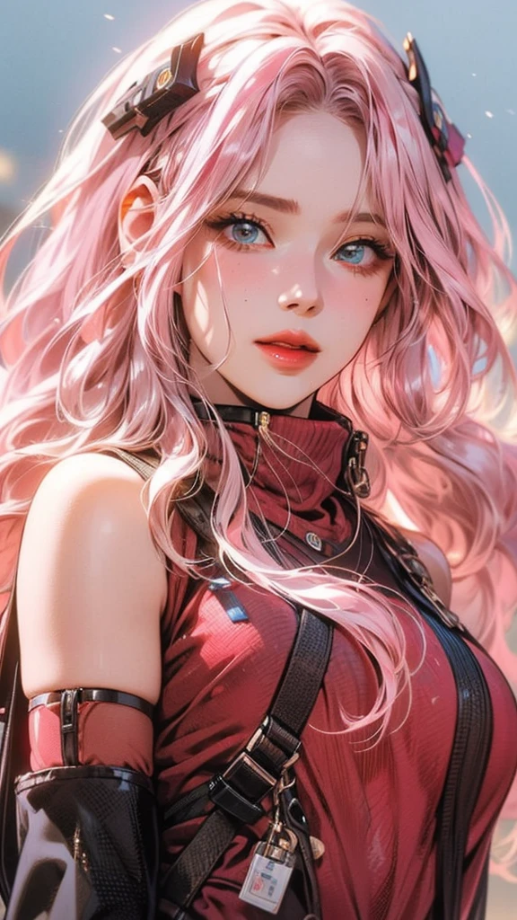 breasts, 1girl, cleavage, long hair, looking at viewer, earrings, red hair, jewelry, blue eyes, outdoors, bodysuit, smile, large breasts, latex, cleavage cutout, shiny, solo, zipper, latex bodysuit, shiny clothes, clothing cutout, bangs, skin tight, blush, black bodysuit, hoop earrings