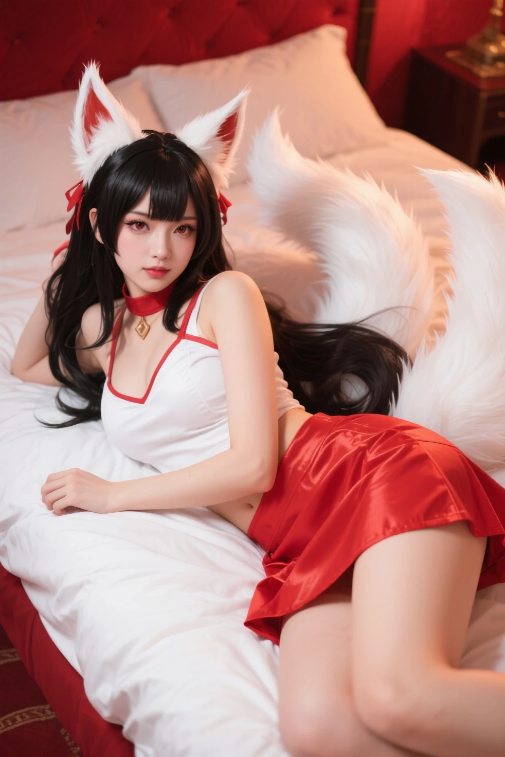 Xiaorou SeeU, age 20, in a adorable sexy cat girl cosplay, dancing and looking totally cute. Bedroom with stuffed animals