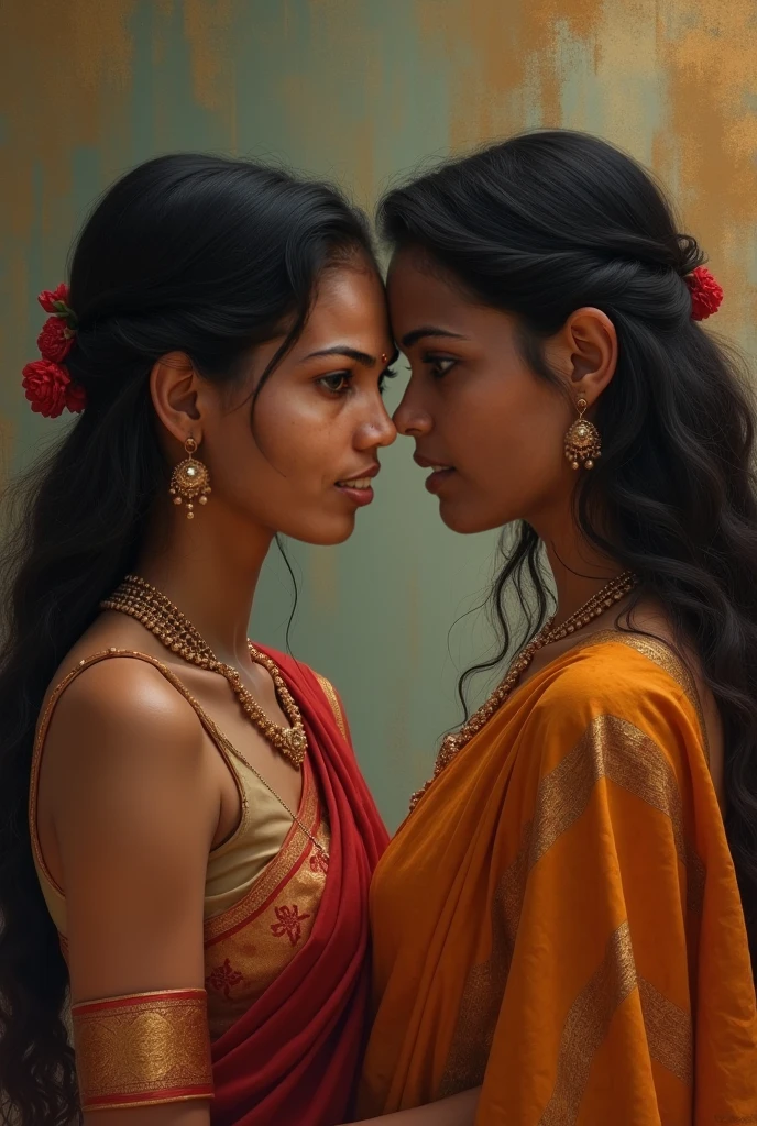 An unusual yet intriguing scene set within the sacred precincts of an ancient Indian Kali temple. Three young Indian ladies, adorned in vibrant, traditional sarees, stand out against the dark, mystical backdrop. Their unnaturally black, 3C curly hair, reminiscent of coiled springs, draws the eye with its inexplicable sheen and volume. Each strand seems to have been meticulously crafted by an unseen hand, coiled and coiled a million times over until it reaches a state of surreal perfection. The hair appears to have been showered with an unimaginable amount of oil, so much so that it resembles wet pulp, saturated and absorbing the light around them. The kneeled lady in the center, with her hair cascading down her back, is the focal point as her tresses shimmer and reflect like a sea of black mirrors. The other two ladies, their own hair equally as wet and oil-soaked, lean over her from behind. With a playful yet fervent expression, they begin to lick and kiss her scalp, their movements seemingly driven by an unbridled passion. This act of intimate hair worship is both mesmerizing and slightly jarring, as their thick, curly locks, like dark waterfall of springs, bounce and sway with each tender caress. The scene is suffused with an air of strange ritual, as if the very essence of the divine is being invoked through the act of grooming and adoration. Each curl is a testament to the boundless creativity of nature, while the trio's shared experience speaks to a deep-rooted bond of sisterhood and the mysterious powers of feminine unity. The image captures a moment that is at once sensual, spiritual, and eerily beautiful, leaving the viewer to ponder the story behind this peculiar tableau.