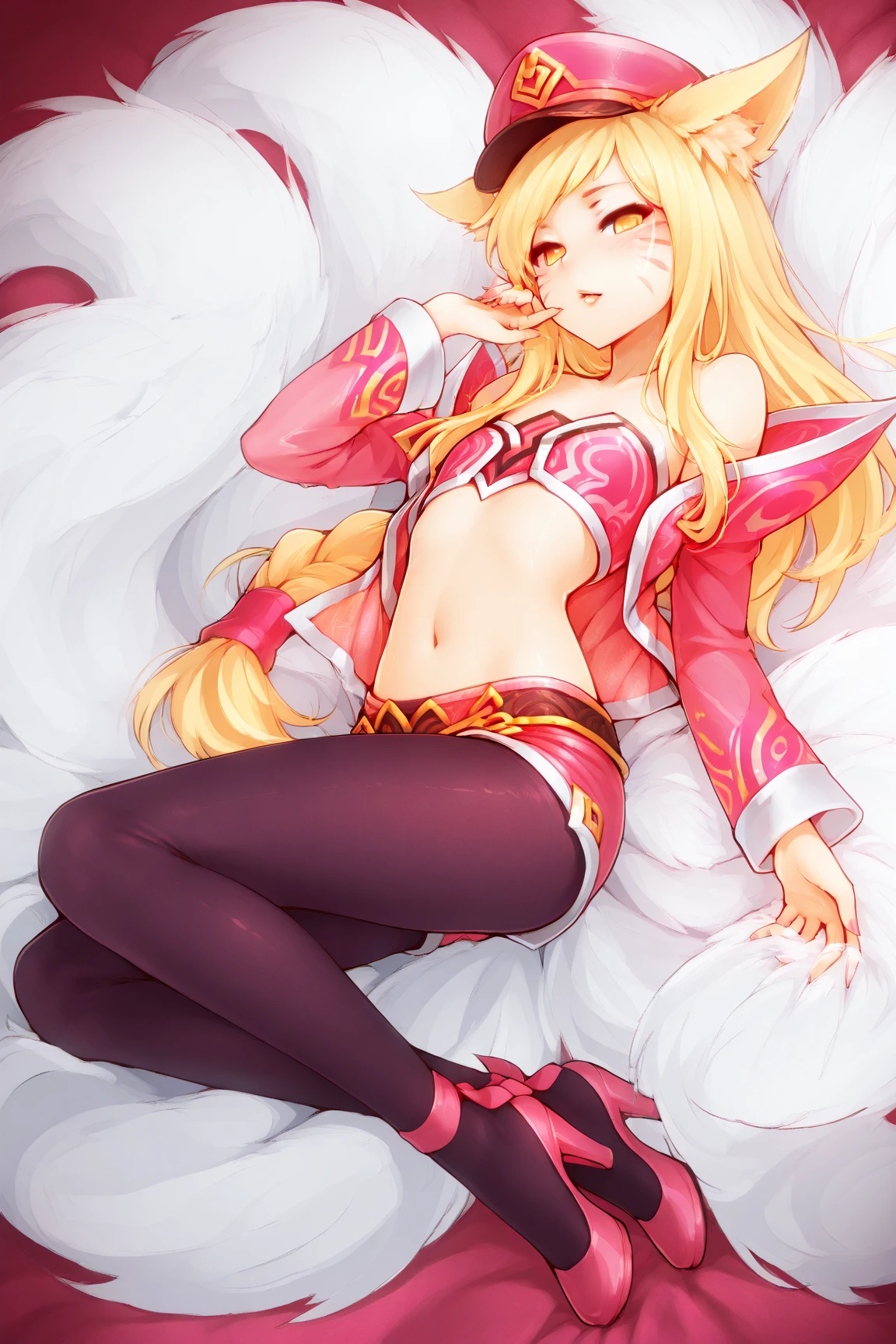 Masterpiece, high quality, kda ahri, ahri, fox hears, blonde, tight shorts, medium breasts, sexy, thick thighs, wide hips, blonde hair, posing, bedroom