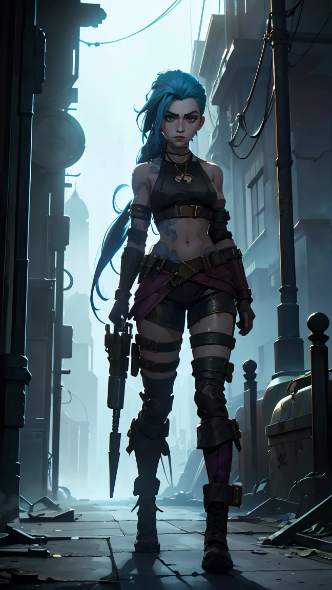 ((Best quality)), ((masterpiece)), (highly detailed:1.3), 3D, arcane style,In the dark and gritty dystopian city Piltover, plagued by violence and divided into two opposing factions, a young prodigy named Jinx emerges. Having endured unimaginable loss and abandonment, she has embraced a life of chaos and destruction. Known for her inventive and explosive abilities, Jinx becomes an icon of rebellion against the oppressive forces controlling the city. However, haunted by guilt and battling inner demons, she must confront her past and decide whether to continue down the path of anarchy or seek redemption amidst the turmoil. Explore the journey of Jinx as she navigates a treacherous world, fighting for survival, unraveling secrets, and discovering the true meaning of her twisted existencechaos reigns supreme, and at the heart of it all is Jinx, the embodiment of unpredictability. Delve deep into the twisted mind of Jinx, exploring the origins of her madness and the driving force behind her destructive nature. Unveil the moments that shaped her into the deranged and iconic character we know. Take us on a wild journey through the vibrant streets of Piltover and the grim underbelly of Zaun as Jinx wreaks havoc with her explosive arsenal. Can redemption ever find its way into Jinx's fractured soul? Or will she forever dance on the edge of sanity, embracing the chaos that fuels her very existence? The fate of Arcane hangs in the balance as Jinx's path intertwines with unlikely allies and formidable foes. Ignite your imagination and paint a vivid portrait of Jinx's twisted psyche, capturing the essence of her madness and the untamed spirit that defines her,HDR (High Dynamic Range),Ray Tracing,NVIDIA RTX,Super-Resolution,Unreal 5,Subsurface scattering,PBR Texturing,Post-processing,Anisotropic Filtering,Depth-of-field,Maximum clarity and sharpness,Multi-layered textures,Albedo and Specular maps,Surface shading,Accurate simulation of light-material interaction,Perfect proportion