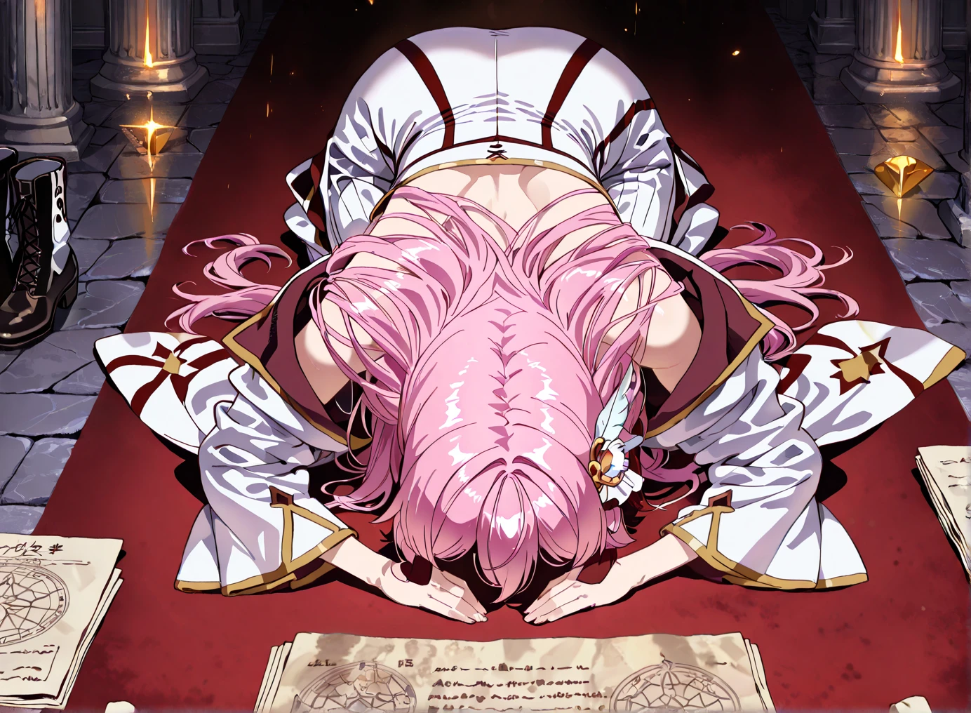 A scene from a movie、Put the whole person in the frame、Face covered in blood、A man falls、A pink-haired woman prays nearby.,、Light of Atonement、Afterglow of Repentance、Possibility of becoming a saint、
