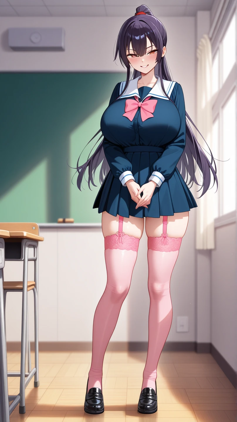masterpiece, best quality, highres, kasumigaoka utaha, 1girl, solo, pantyhose, long hair, black pantyhose, skirt, school uniform, black hair, hairband, red eyes, pleated skirt, long legs, white hairband, breasts, serafuku, bangs, jacket, large breasts, <lora:kasumigaoka_utaha_v2:0.7>, (skirt lift:1.3), standing, (panties under pantyhose:1), classroom, <lora:kasumigaokaUtaha_v1:1>
