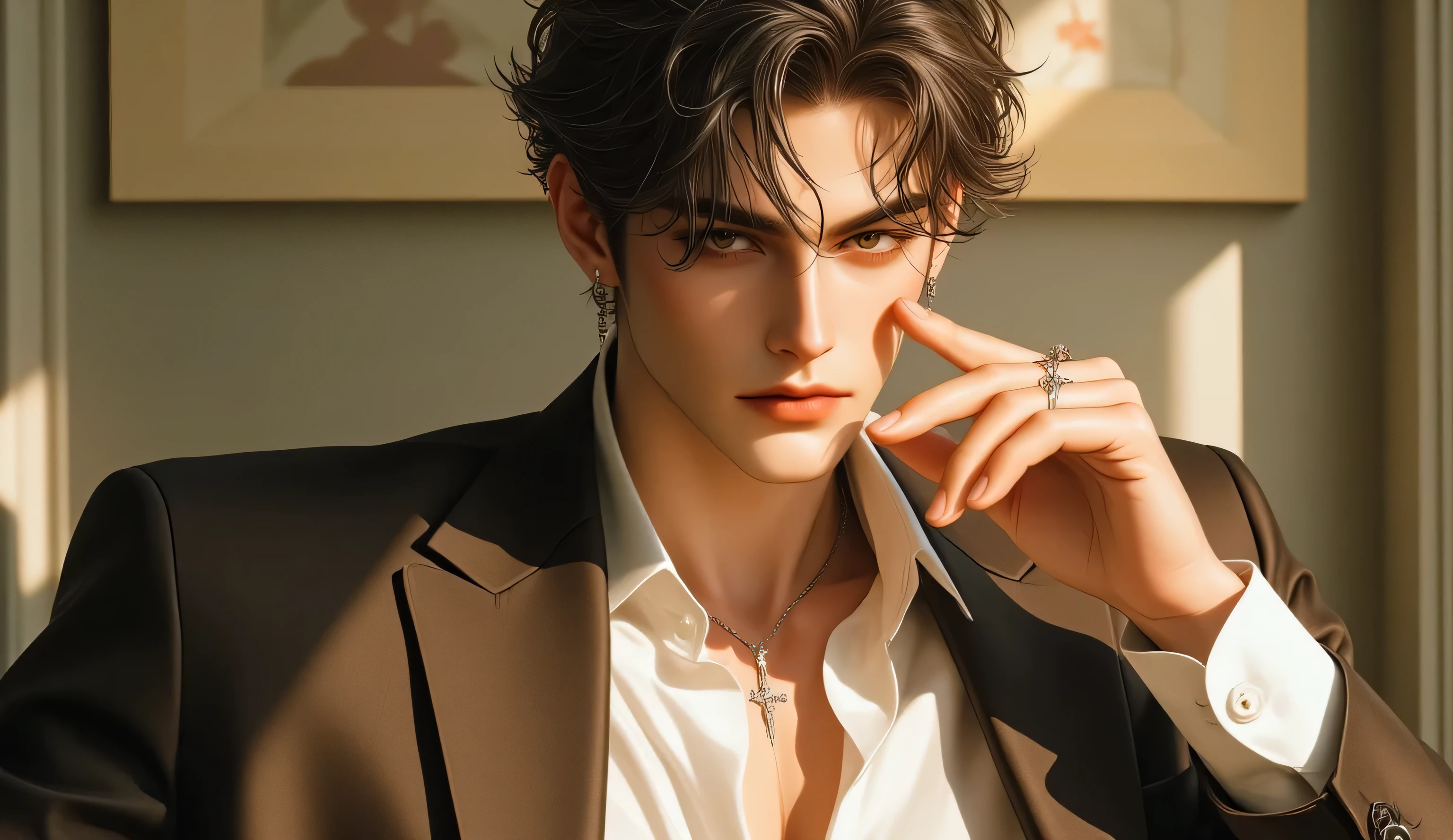 "Highly detailed 4K anime-style portrait of a breathtakingly handsome young man with layered, tousled chestnut brown hair and soft silver highlights, sitting in soft sunlight with relaxed posture, wearing a loose white silk shirt half unbuttoned, revealing toned chest and silver pendant necklace, sleek dark brown suit jacket draped off his shoulder, a cigarette gently held between glossy lips, intense hazel eyes half-lidded with a mysterious expression, elegant drop earring, clean modern background with warm sunlight casting soft shadows, cinematic lighting, hyperrealism, perfect anatomy, flawless face and hands, magazine cover aesthetic."