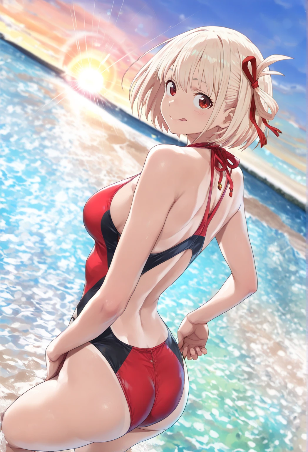 best quality, (masterpiece:1.2), highly detailed, cat ears, 1girl, solo, tojou koneko, closed mouth, slight smile, yellow eyes, white hair, short hair, hair ornament, swimsuit, beach, 20-year-old, healthy skin, blushed,kneeling