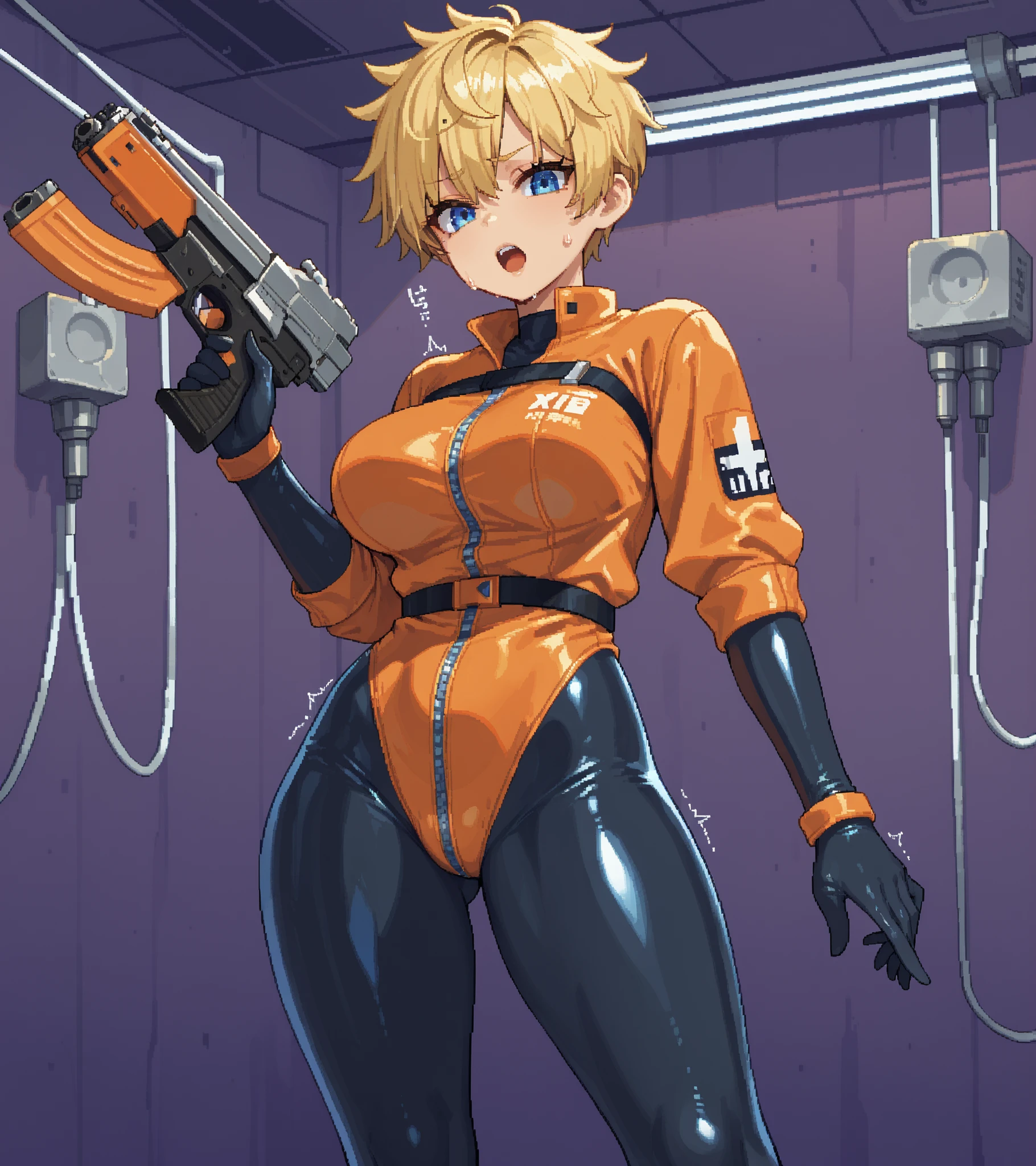 score_9, score_8_up, score_7_up, source_anime, solo, pixel art, 1girl, solo, (boyish girl:1.2)
Large breasts, blonde hair, pixie hair cut, very short hair, messy hair, blue eyes BREAK
Latex bodysuit, orange suit, tight suit BREAK
Standing, looking at viewer, holding_gun, dynamic pose, nervious face, open mouth, sweat
Indoors (abandoned laboratory) , ((purple walls , crumbling walls)) , basement ,
