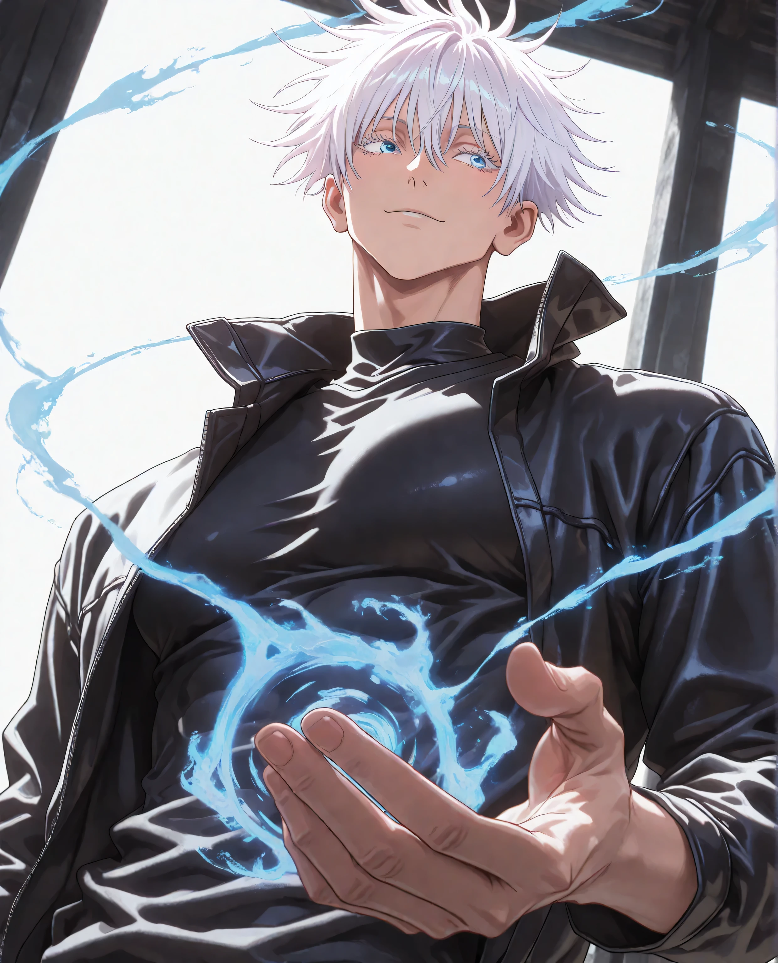 (masterpiece:1.2), (best quality:1.2), (very aesthetic:1.2), ,(newest),(highly detailed),(dynamic lighting),(cinematic lighting),1man, adult, male focus, gojou satoru, jujutsu kaisen, white hair, short hair, ((hair between eyes)), colored eyelashes, white eyelashes, blue eyes, intricate eye iris, detailed eyes, muscular male, sexy man, handsome man, handsome face,
,solo, cool_man_style, male cool clothes, cool fashion, intricate clothes, intricate accessories, intricate patterns, cool, stylish, compression shirt, black leather jacket, torn jeans, sneakers, standing , upper body , (portrait), looking at forward,dynamic angle,cinematic lighting , cinematic angle, soft light , color detail, backlighting,long exposure, intricate colors, vibrant colors, ,8K, UHD, abstract background, white background, best quality, soft lines, clear details, holding out one hand, forming an attsck, blue magic spell, spiral, spiral streak, spiral energie, spiral magic, blue magic spell around his hand