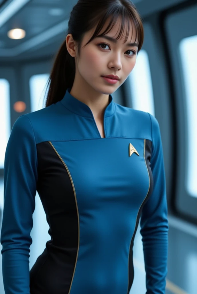 A cute woman (age 25, classic star trek mini skirt uniform) she is a clumsy officer regularly dropping things and picking them up, bent over panty exposed, busy star ship