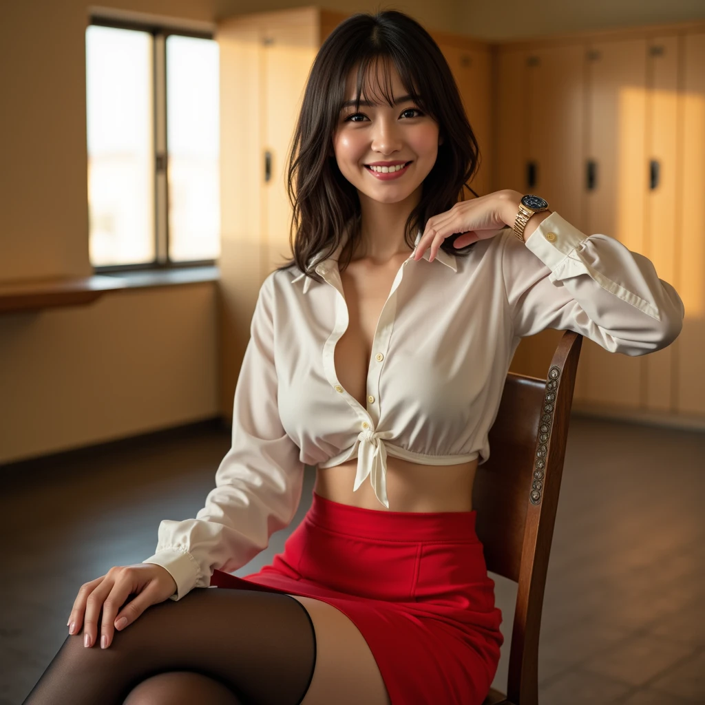 top-quality、Top image quality、masterpiece、fully body photo、25 years old women, governess、Dark brown wavy middle hair、bangss、((Red Long Sleeve Knit、Beige flared skirt、Stockings))、 ((no-bra、Puffy nipple、You are all your、Visible))、Sexy red panties、soft boob、Large breasts、high-heels、 cute smile face、give a lecture at a university、looking down from the podium、((I can see all my panties、Rub your chest with both hands、Touching the crotch))