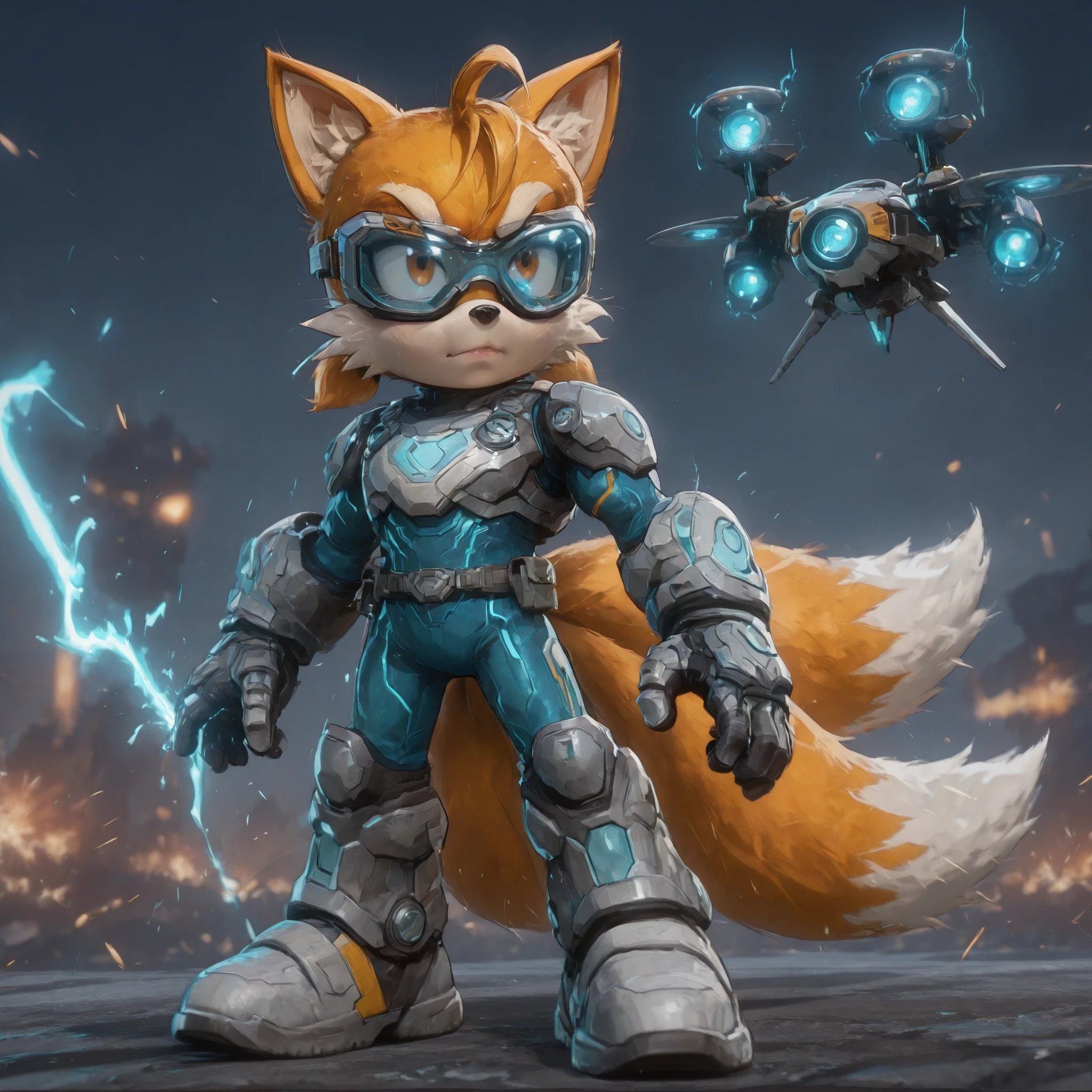 Tails from Sonic the Hedgehog reimagined in Marvel Rivals style, wearing a high-tech futuristic combat suit with glowing teal circuitry, armored twin tails with micro-thrusters, sci-fi goggles, and mechanical gloves. Hovering next to him is a small flying drone with holographic tools. The scene has a cyber-battlefield background with sparks and energy surges. Stylized like Marvel Rivals by NetEase Games, highly detailed 3D rendering, dynamic lighting, heroic pose, Specialist class aesthetic