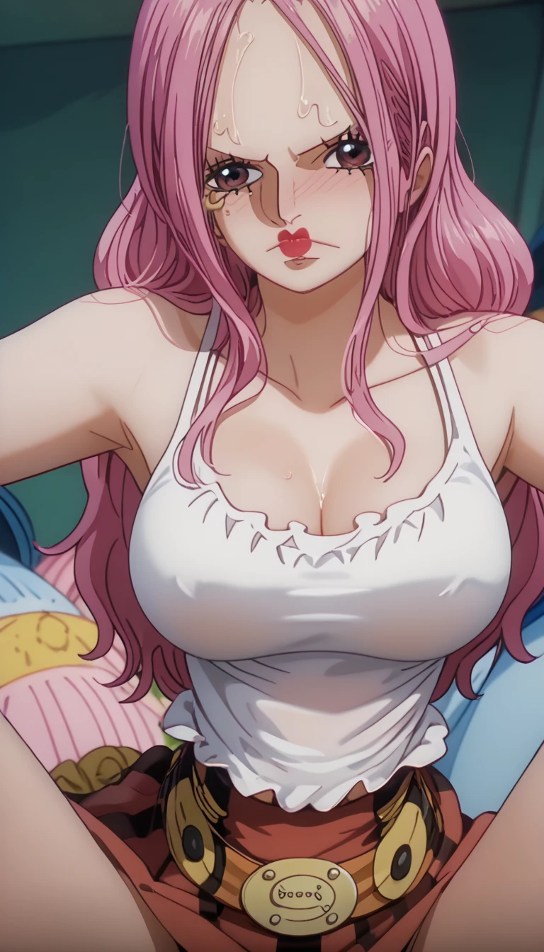 MeiS2, Pink hair, Goggles on head, Symbol-shaped pupils, Yellow eyes, medium hair, Clothes around waist, Black tank top, Bare shoulders, gigantic breasts, cleavage, micro bikini, lingerie, garter belts, stockings, 1girl, correct anatomy, BREAK, ((masterpiece, highest quality, best quality, official art, beautiful and aesthetic: 1.2, extremely detailed, fractal art: 1.3, colorful, highest detailed, HDR, vivid visual effects)), BREAK, ((Detailed eyes, Detailed face, Detailed eyes, perfect face)), BREAK, seductive look, grinning,