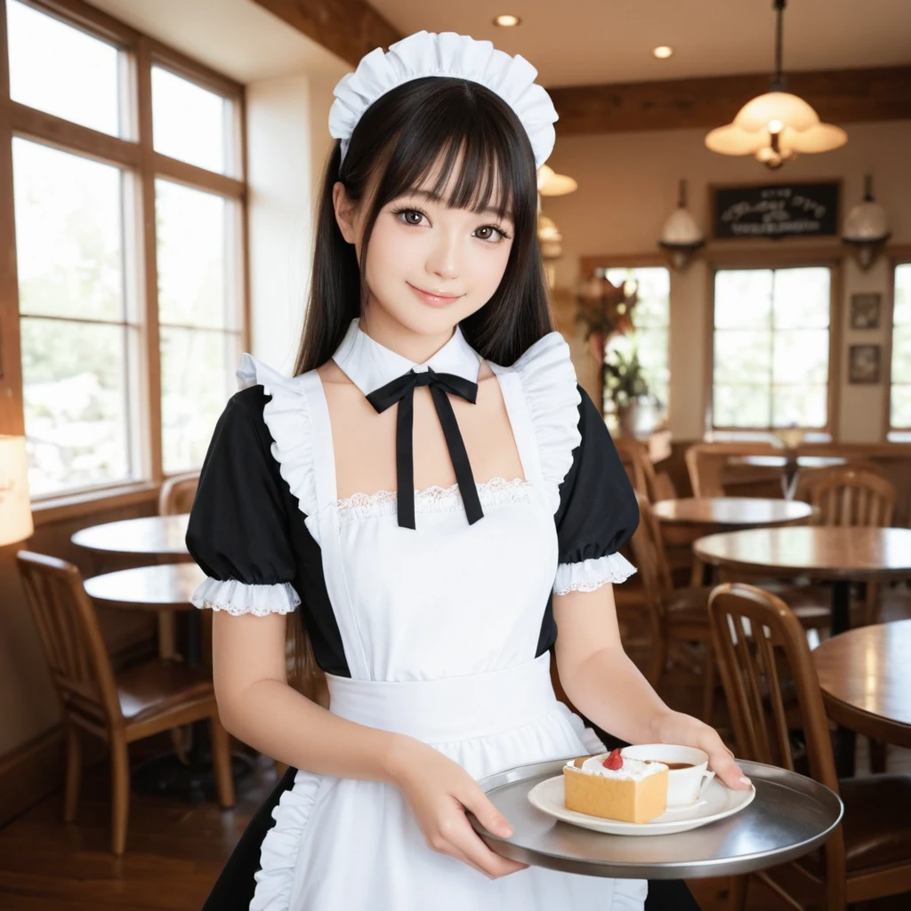 Cat ears in a maid outfit, kawaii cute, idol face, black medium-long hair, welcoming the master, background, table with tea set, anime style, anime art, flat anime, natural anime face, well-proportioned face, perfect beauty, beautiful woman, slightly innocent woman, accurate expression, happy smiling face, full body style, anime style 