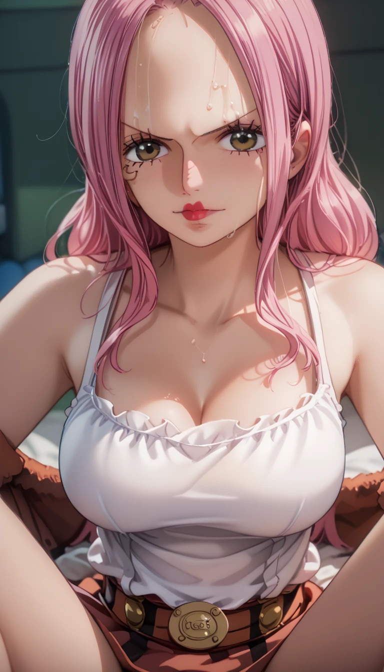 standing, solo, 1girl, mature female, shiny green eyes ,clothes((frilly, bikini, yellow bumblebee)), sideboob, large breasts, areola slip, cleavage, leaning forward, hanging breasts, curvy, hands on table, arms down, looking at viewer, blush, parted lips, light smile, pink color hair, bright green colour eyes, long hair,