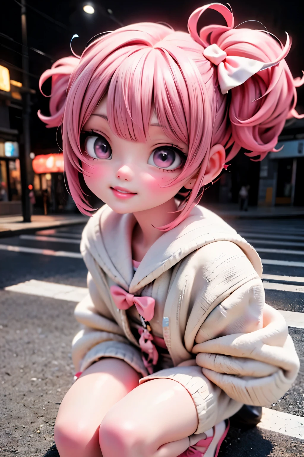A close-up shot of a Harajuku-inspired girl, dressed in a vibrant white and pink outfit, her pink hair styled with intricate hair bows. Her face is painted with bold, intense makeup, highlighting her bright smile as she crouches on the ground, illuminated by neon lights at night.