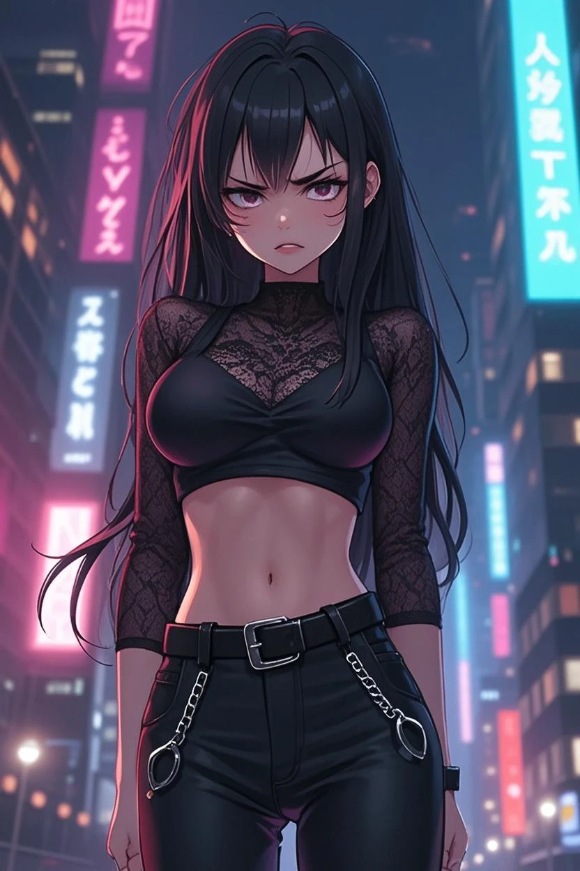 最high quality、best image quality、masterpiece、teenage girl((18-year-old、 By becoming、vest bust、medium bust,wide open breast tea、black eye, black hair、long hair、thin,highest valley、Torn black t-shirt(2:3)、angry face,damaged pants(2:3)、Perforated gloves)),high quality、beautiful art、background((City of night、Blue lightning strike、heavy rain、strong wind)),debris flies、Depth of written boundary、movie、visual art、perfect art、8K,genuine