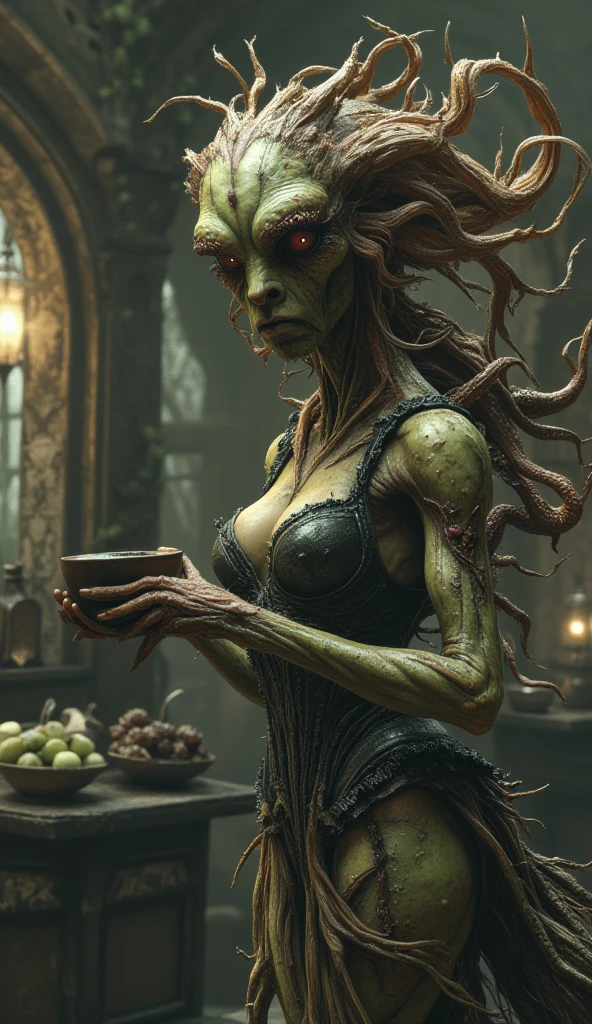 a sexy girl tends the store at the counter, fantastic store, Fantasy world, dark, disturbing, strange, unnatural, (Rembrandt Lighting: 1.3) light particles, lens flares, store with several tentacles inside large jars, , a woman shopping, live tentacles for sale inside jars, side chest, forest cat on stage, close-up of the upper part of the body, artistic masterpieces that will go down in history, fantastic backgrounds, memorable scenes, fantastic angles (masterpiece : 1.2), (best quality: 1.2), intricate details, newest, AI generated (Bill Sienkiewicz inspired art, intricate details, oil painting) (best quality,4k,8k,highres,masterpiece:1.2),ultra-detailed,(realistic,photorealistic,photo-realistic:1.37),intricate details,vivid colors,sharp focus,professional,Dave McKean artwork, oil touch of surrealism,oil painting style