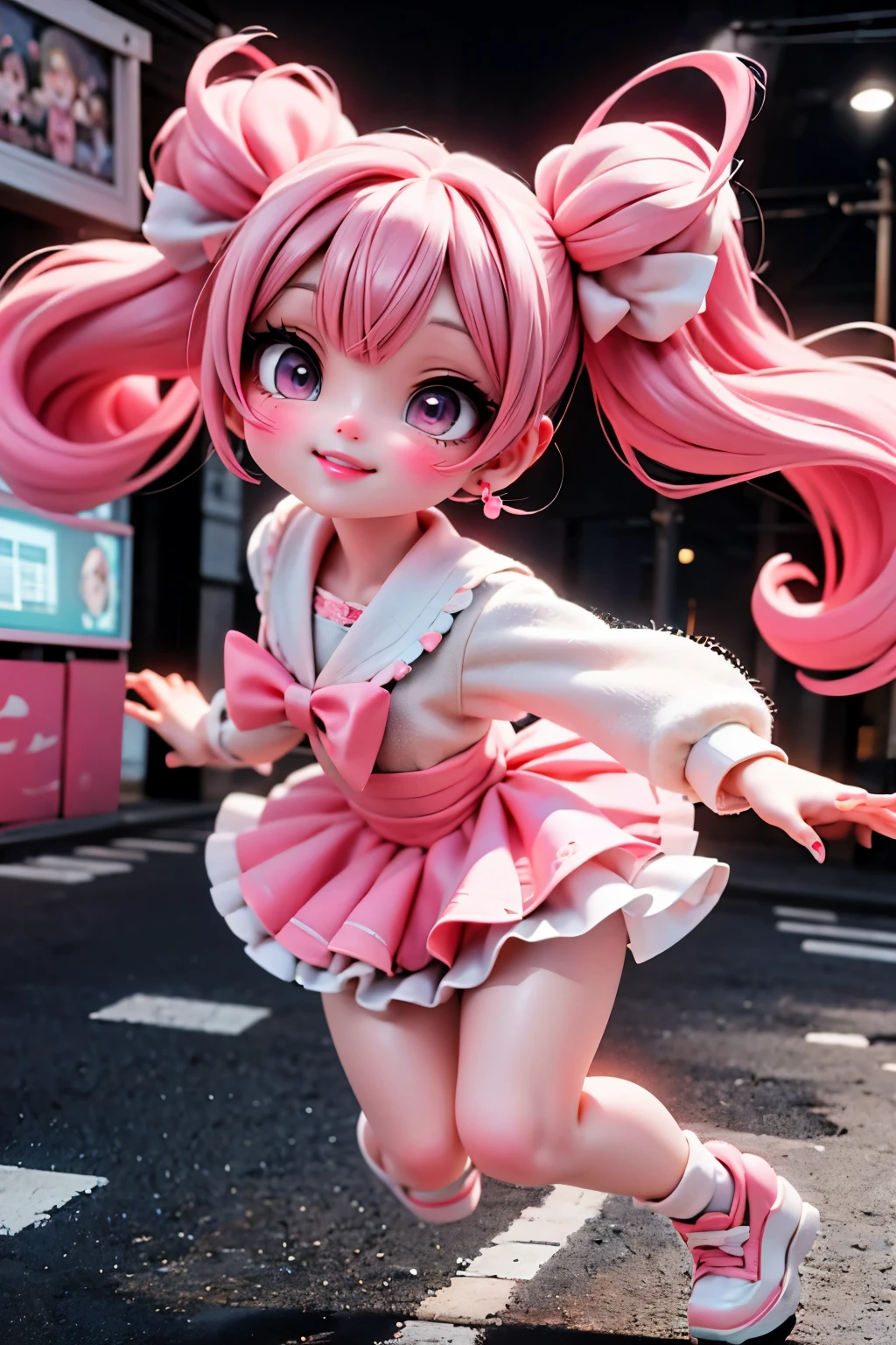 A vibrant night scene in Harajuku's neon-lit streets. A girl with pink hair and matching bows leaps into the air, her white and pink outfit glowing under the flashing lights. Intense makeup accentuates her features as she strikes a dynamic pose, her joyful smile radiating amidst the urban landscape.