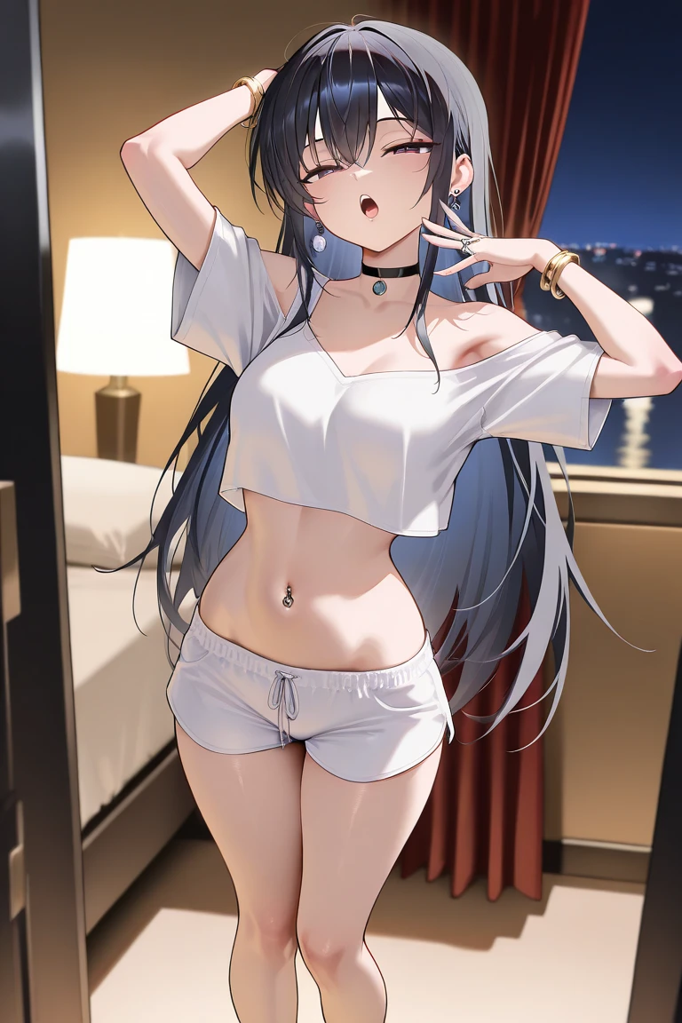 (((masterpiece, highest quality:1.3,absurdres))),nsfw,25 year old beauty,solo,((very small head:1.3)),long hair,bangs,dark blue hair,dark blue eyes,gorgeous eyes,shy,medium breasts,((very long body:1.2)),((toned body,slender body)),skinny,tan skin,gleaming skin,shiny skin,sweat,((ripped jeans)),((White tube top,navel)),Simple bed,Simple bedroom、Tokyo、at night、
