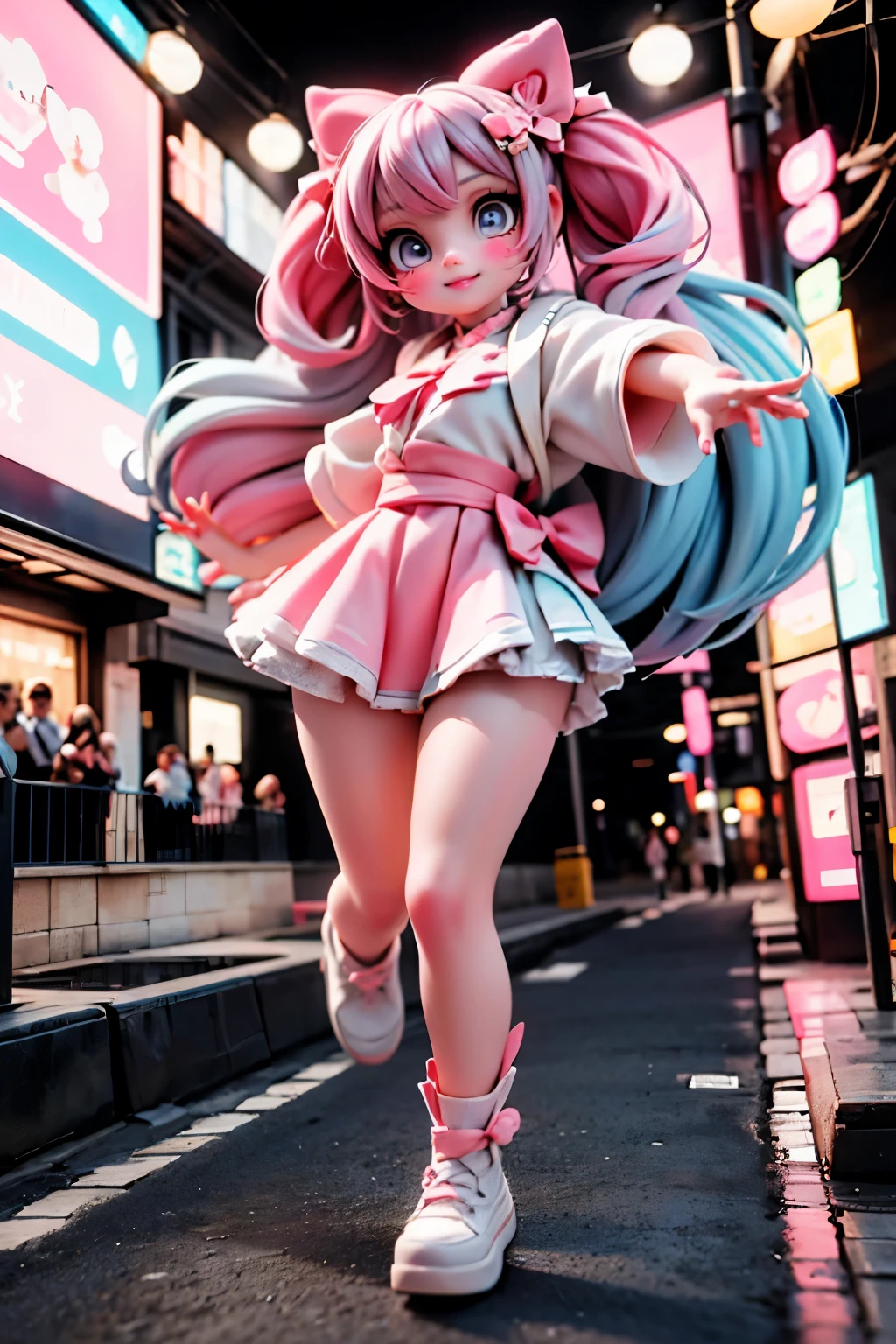 A neon-lit city street at night, with a vibrant Harajuku-inspired aesthetic. A girl, dressed in a striking ensemble of white and pink, poses mid-leap, her bright pink hair styled with multiple bows. Her intense makeup shines under the artificial light, accentuating her smile as she seems to defy gravity.
