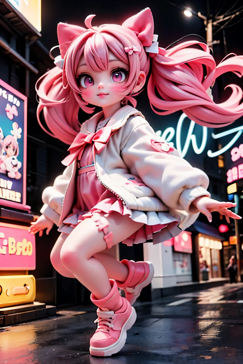 A vibrant night scene: a girl in Harajuku fashion style leaps into the air, her bright pink hair styled with tiny bows, matching her bold outfit of white and pink hues. Intense makeup accentuates her features as she shines under the dark night sky, the only light coming from neon signs and streetlights casting a mesmerizing glow.