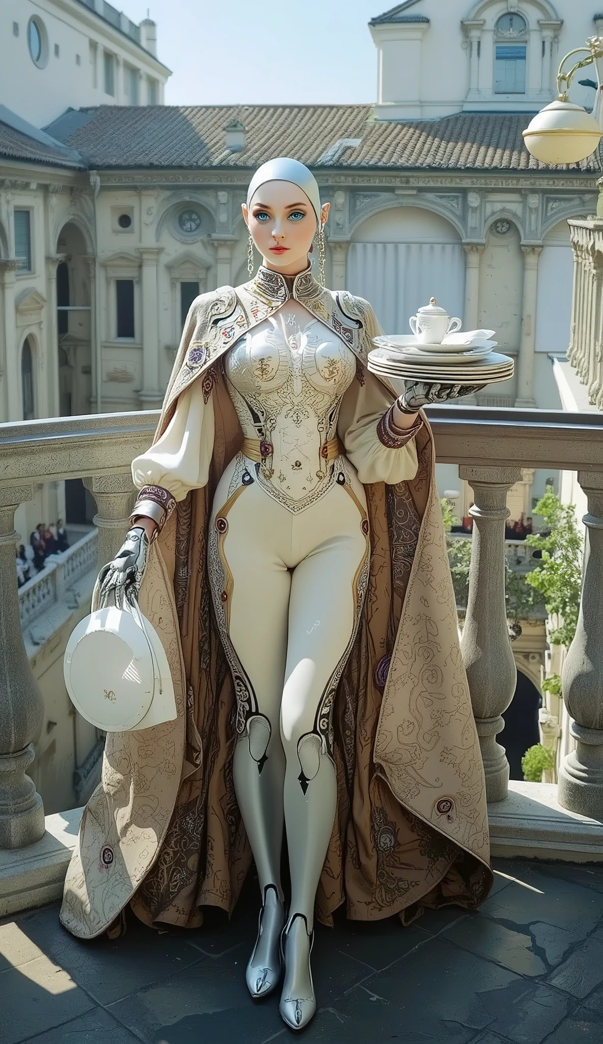 (masterpiece), (hyper-realistic), (8k, ultra-sharp), (cinematic lighting), (photographic depth of field), ((futuristic humanoid robot waitress), smooth silver and chrome limbs, open joints, luminous blue eyes, graceful pose in an exquisite Renaissance outfit, intricate ruffled collar.. an embroidered velvet doublet, silk stockings, an ornate cloak with gold trim, standing on a stone balcony overlooking a sun-drenched Renaissance courtyard, holding a tray with dirty plates, warm golden afternoon light, majestic facial expression, (baroque painting style), (a combination of science fiction and historical aesthetics), full-length portrait by Hasselblad H6D, softly shining highlights, subtle textures of fabrics, baroque, cyberpunk, futurism, cinematography
