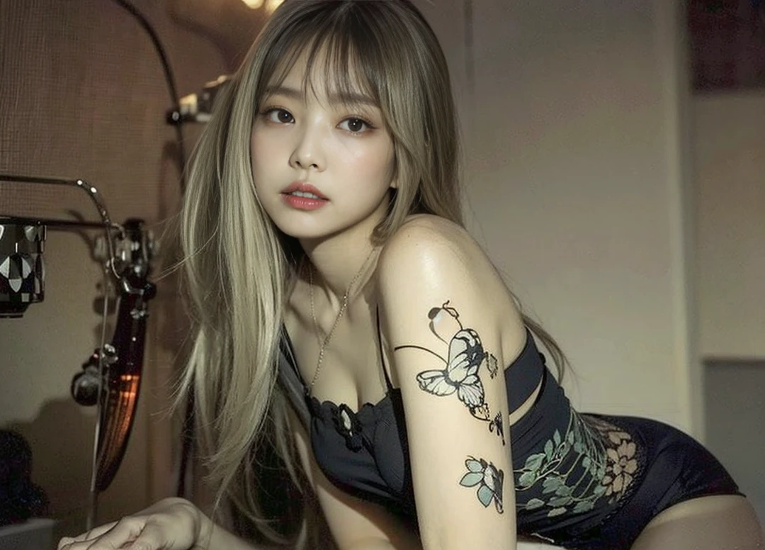 Butterfly tattoo on Buddha throat、Tattoos in the throat、1girl in、blondehair、hide your chest with both hands